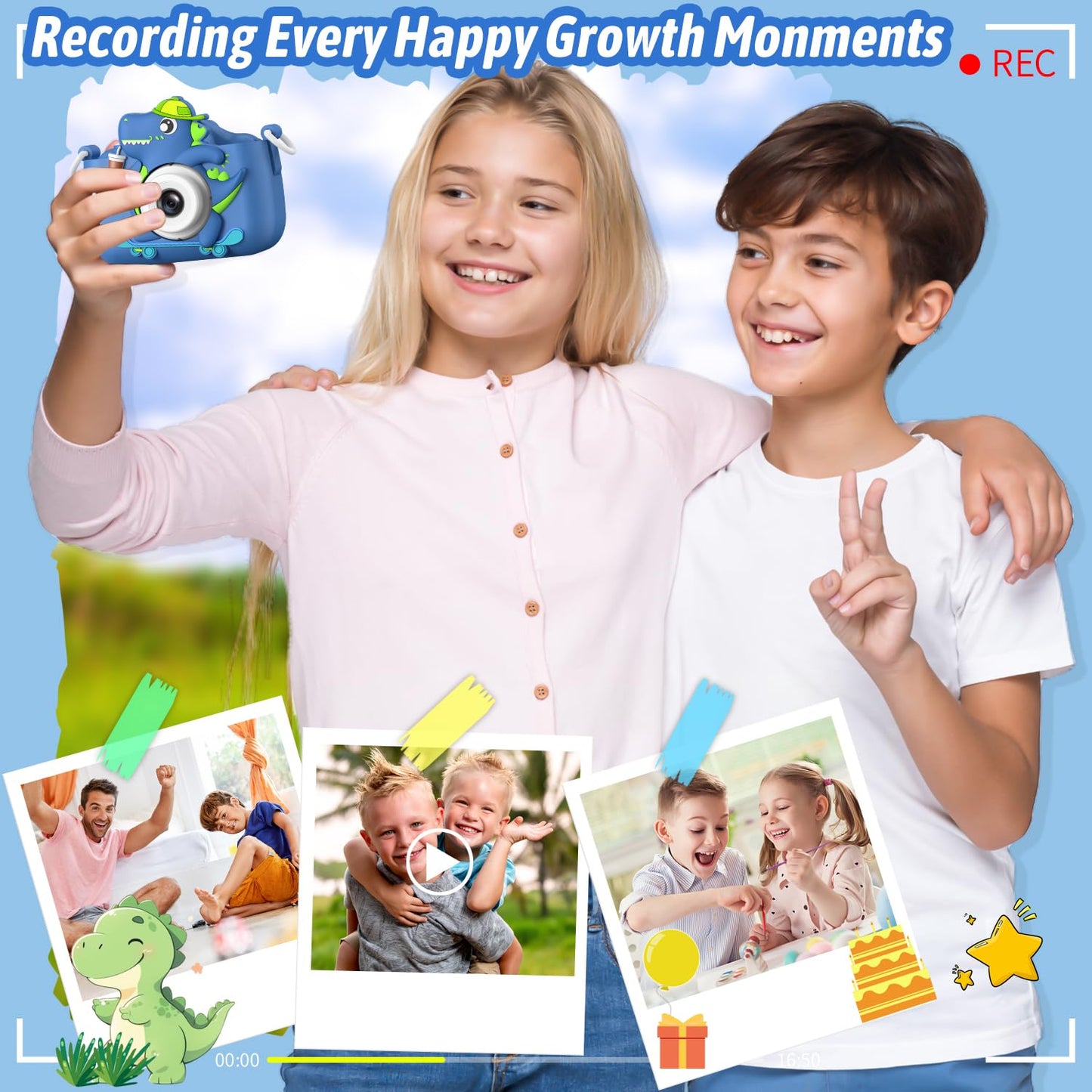 Selfie Kids Camera, Christmas Birthday Gifts for Boys Girls Age 3-12, HD Kids Digital Video Cameras for Toddler with Cartoon Soft Silicone Cover, Portable Toy for 3 4 5 6 7 8 Years Old