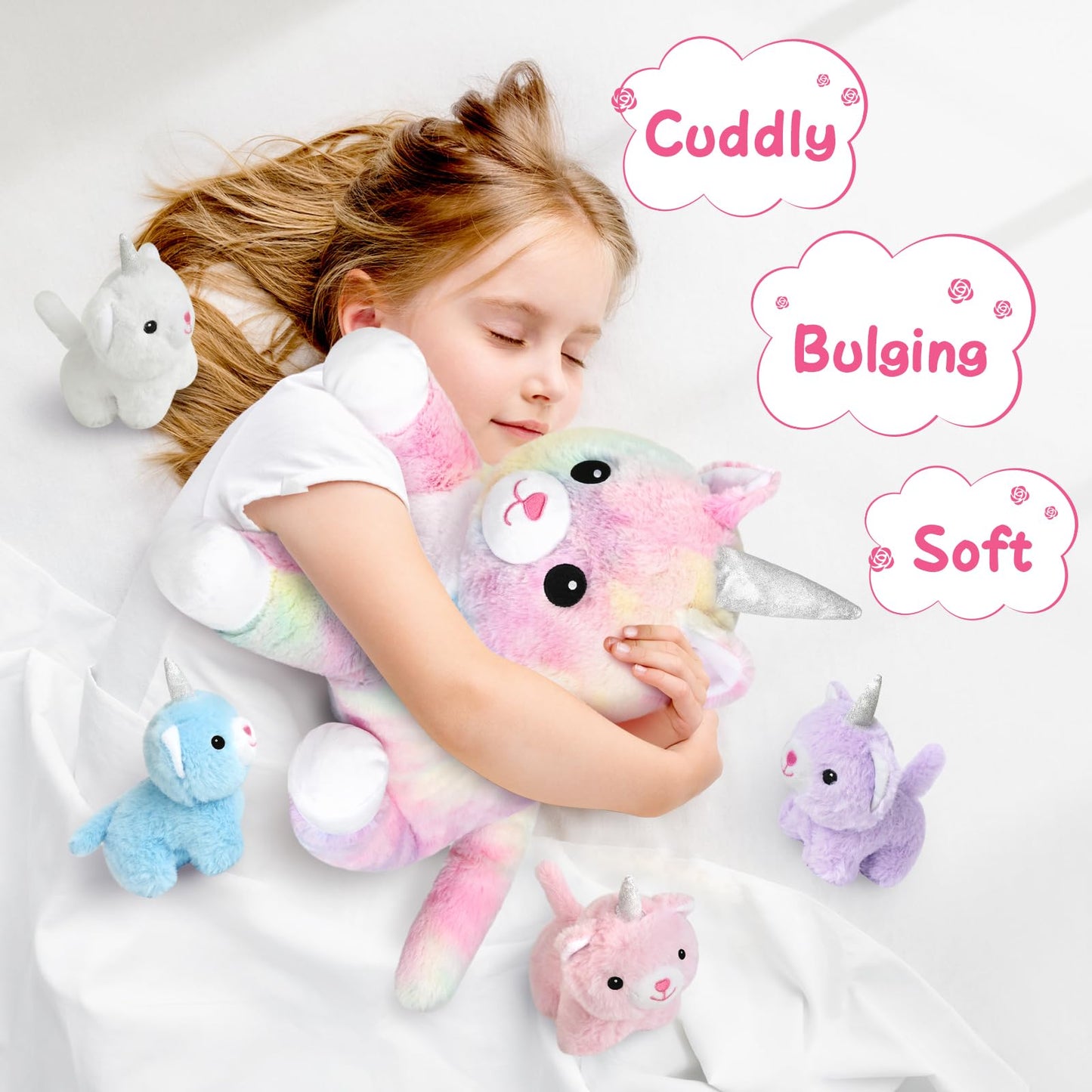 KMUYSL Toys for Girls Ages 3 4 5 6 7 8+ Years - Unicorn Mommy Stuffed Animal with 4 Baby Unicorns in Her Tummy, Soft Unicorn Plush Toys Set, Christmas Birthday Gifts for Baby, Toddler, Kids