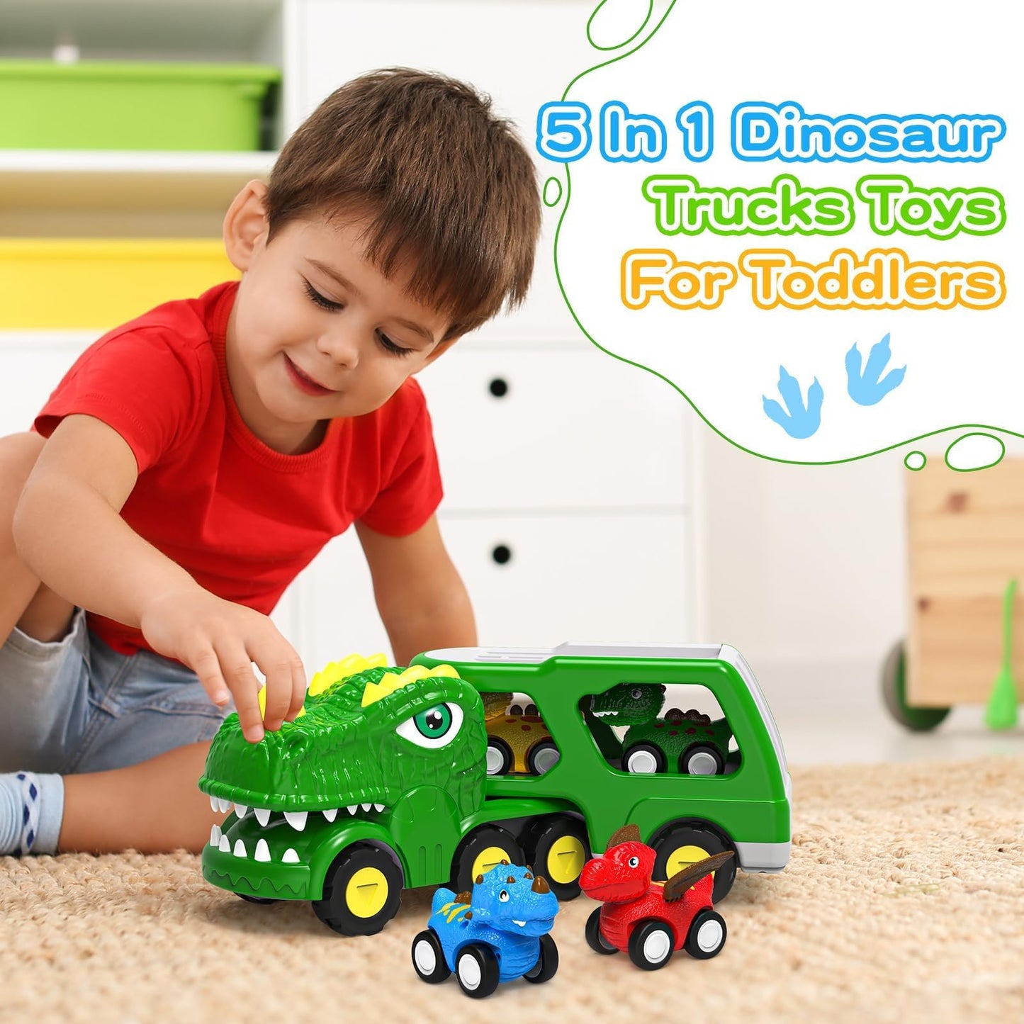 Toddler Car Toys for 1 2 3 4 Year Old Boy Kids Toys 5-in-1 Dinosaur Transport Carrier Trucks Toys for Boys 1-3 with Sounds & Lights Toddler Toys for Boys Age 1-2 2-4 Dinosaur Toys for Kids 3-5 4-6