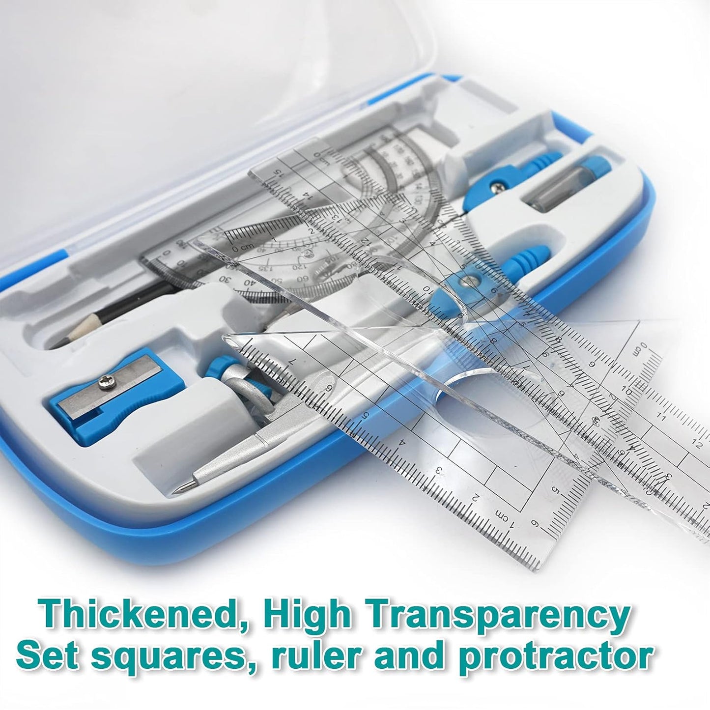 Maths Compasses Starter Geometry Kit with 2 Drafting Compasses Protractor Set Squares Ruler and More for Students Maths Study Homework, Blue