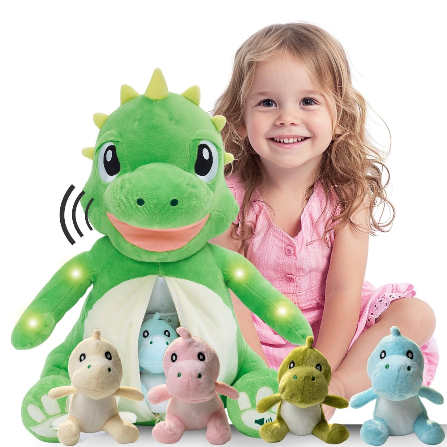 Dinosaur Toys for Kids 2-4, 3-5, Stuffed Animal Giant Dino Plushie with Lights, Sound & 4 Baby Dinosaur Plushies Inside Belly | Stuffed Dinosaur for Boys, Girls, Toddlers