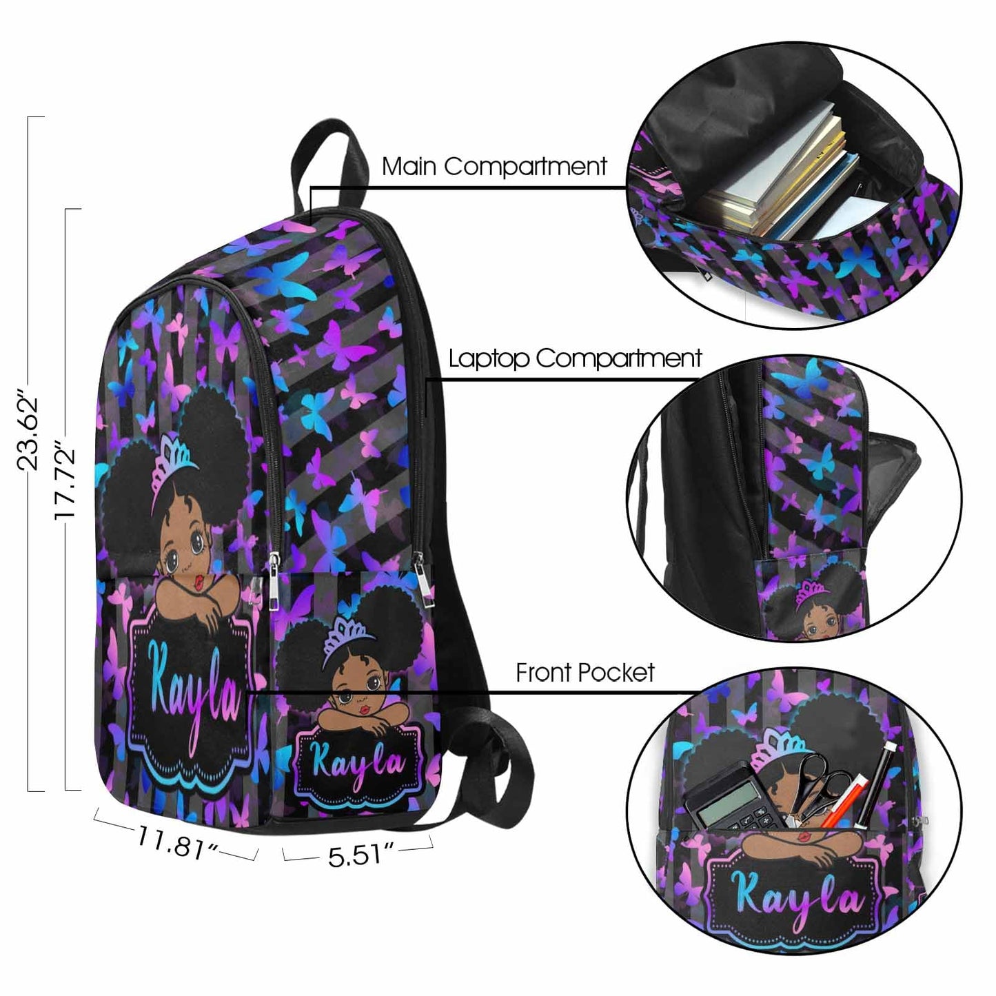 M YESCUSTOM Custom School Butterfly Backpack for Girls, Personalized Name Girls Bookbag Elementary Middle School Bags Travel Laptop Back Pack Casual Daypacks