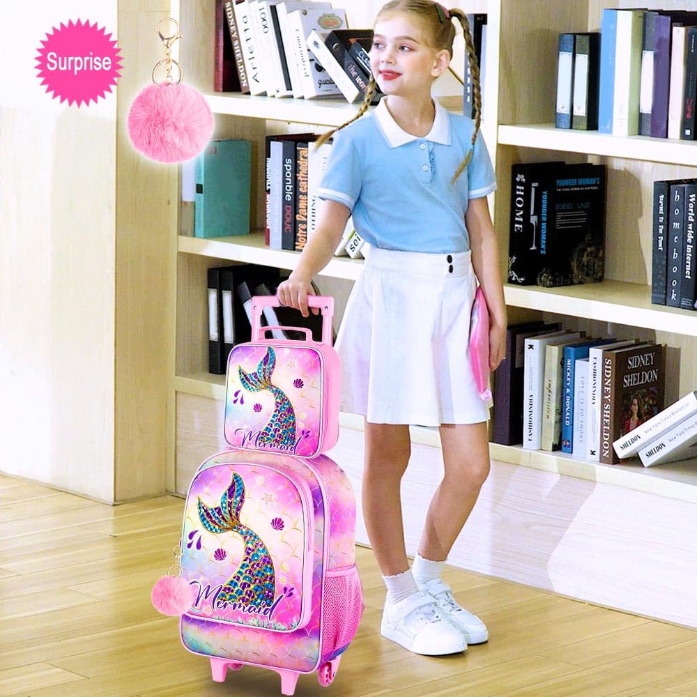 3PCS Rolling Backpack for Girls Boys, Kids Roller Wheeled Bookbag with Lunch Box, Backpacks with Wheels for Elementary