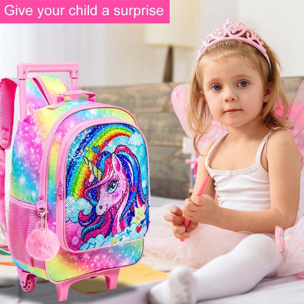 3PCS Rolling Backpack for Girls Boys, Kids Roller Wheeled Bookbag with Lunch Box, Backpacks with Wheels for Elementary