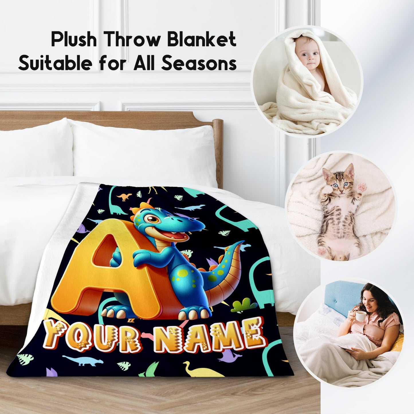 Dinosaur Blanket for Boys Girls - Custom Blanket with Name Gifts Ideal - Personalized Initial Blanket for Dinosaur Lovers - 40"x50" Toddler Throw Blanket for Couch, Sofa - Monogram Gifts