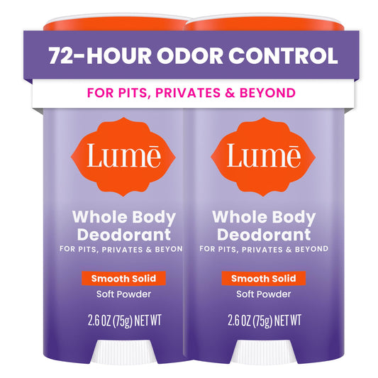 Lume Whole Body Deodorant - Smooth Solid Stick - 72 Hour Odor Control - Aluminum Free, Baking Soda Free and Skin Safe - 2.6 Ounce (Pack of 2) (Soft Powder)