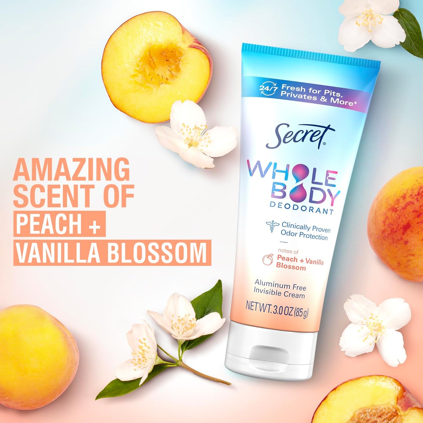 Secret Whole Body Deodorant Cream for Women, Travel Size, Peach & Vanilla Blossom Scent, Aluminum Free Deodorant, 72 HR Odor Protection, 0.8 oz