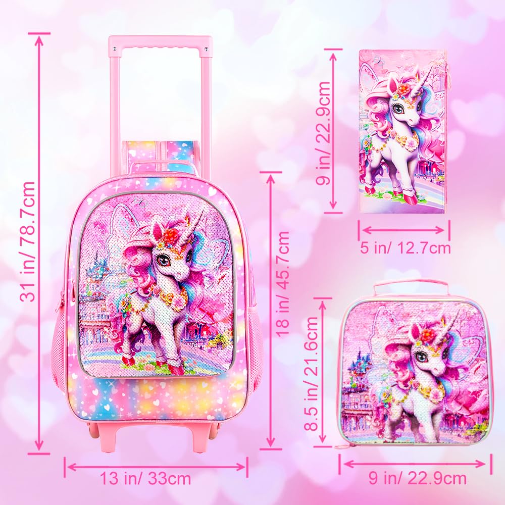 3PCS Rolling Backpack for Girls Boys, Kids Roller Wheeled Bookbag with Lunch Box, Backpacks with Wheels for Elementary