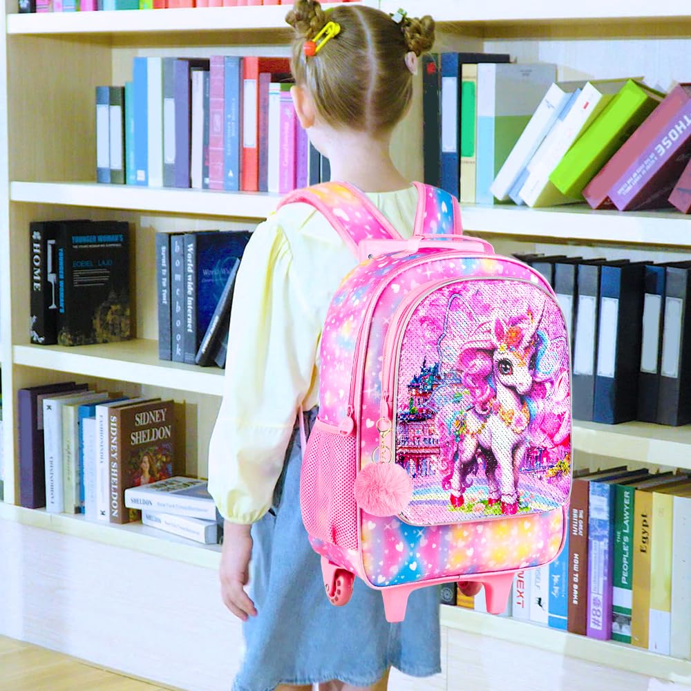 3PCS Rolling Backpack for Girls Boys, Kids Roller Wheeled Bookbag with Lunch Box, Backpacks with Wheels for Elementary