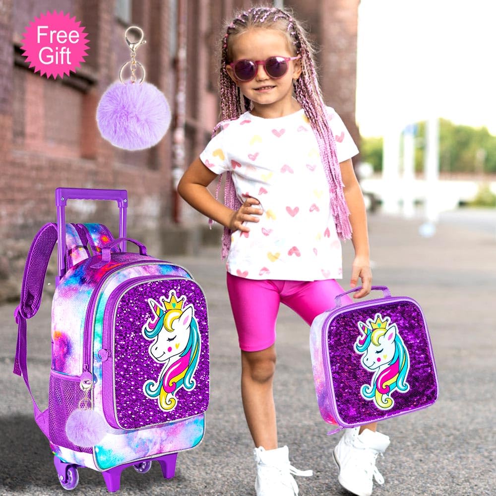 3PCS Rolling Backpack for Girls Boys, Kids Roller Wheeled Bookbag with Lunch Box, Backpacks with Wheels for Elementary