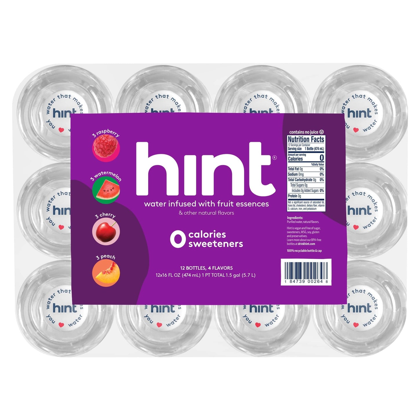 Hint Water Red Variety Pack, 3 Bottles Each of: Peach, Raspberry, Watermelon, and Strawberry Lemon, Zero Calories, Zero Sugar and Zero Sweeteners, 16 Fl Oz (Pack of 12)