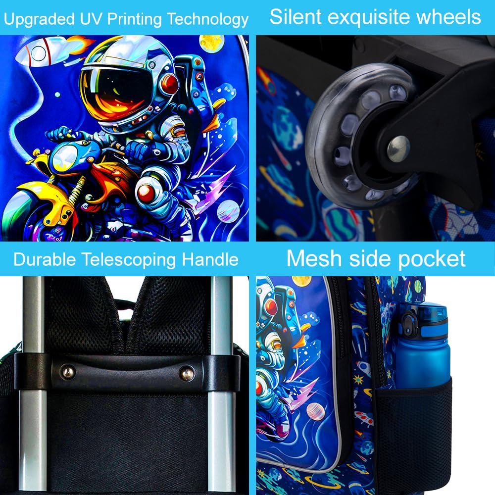 3PCS Rolling Backpack for Girls Boys, Kids Roller Wheeled Bookbag with Lunch Box, Backpacks with Wheels for Elementary