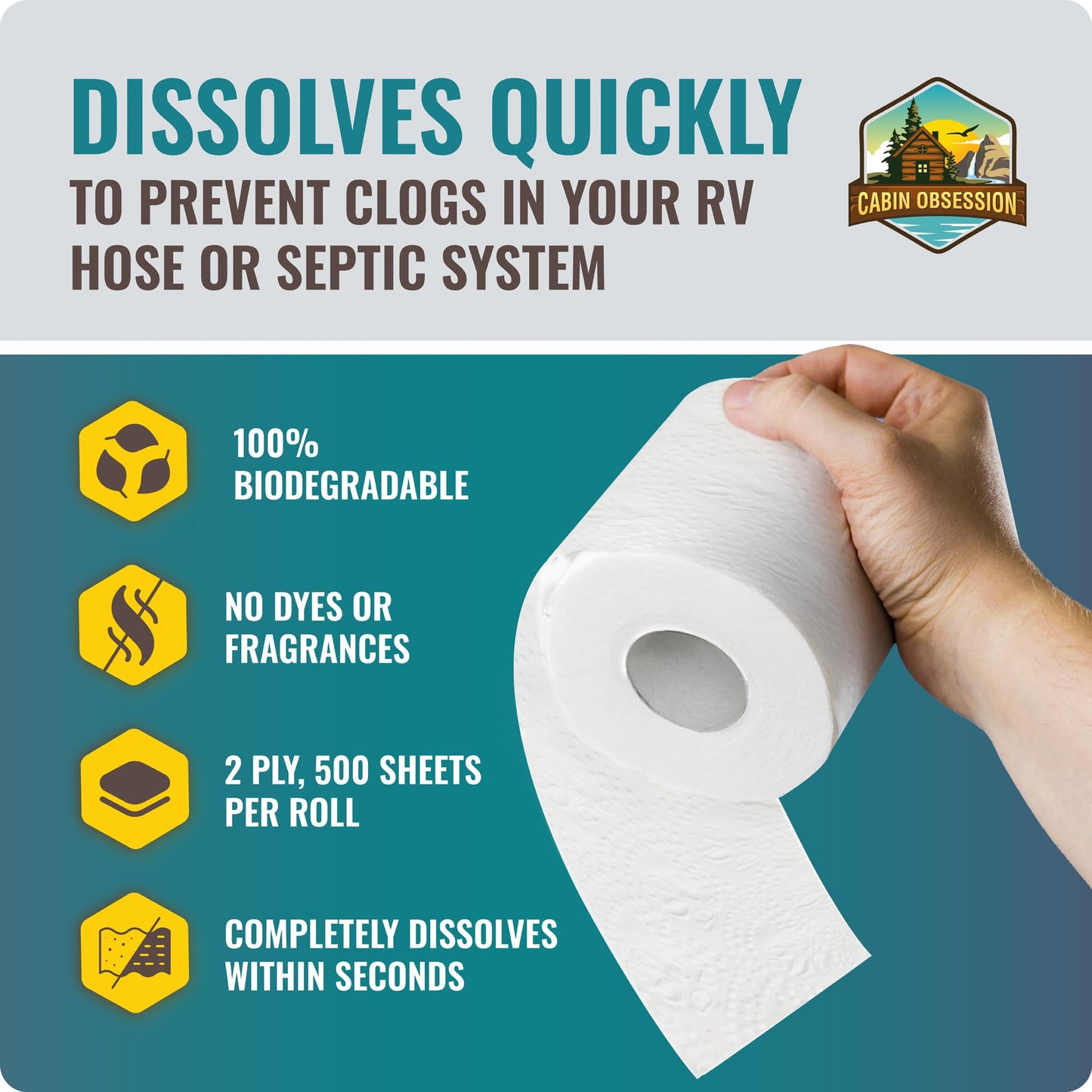 RV Toilet Paper - 12 Pack Septic Safe Toilet Paper 2-Ply Quick Dissolving Camper Toilet Paper Septic Safe to Prevent Clogs - Perfect for Automotive RVs, Septic Tank Systems, Boats, and Camping