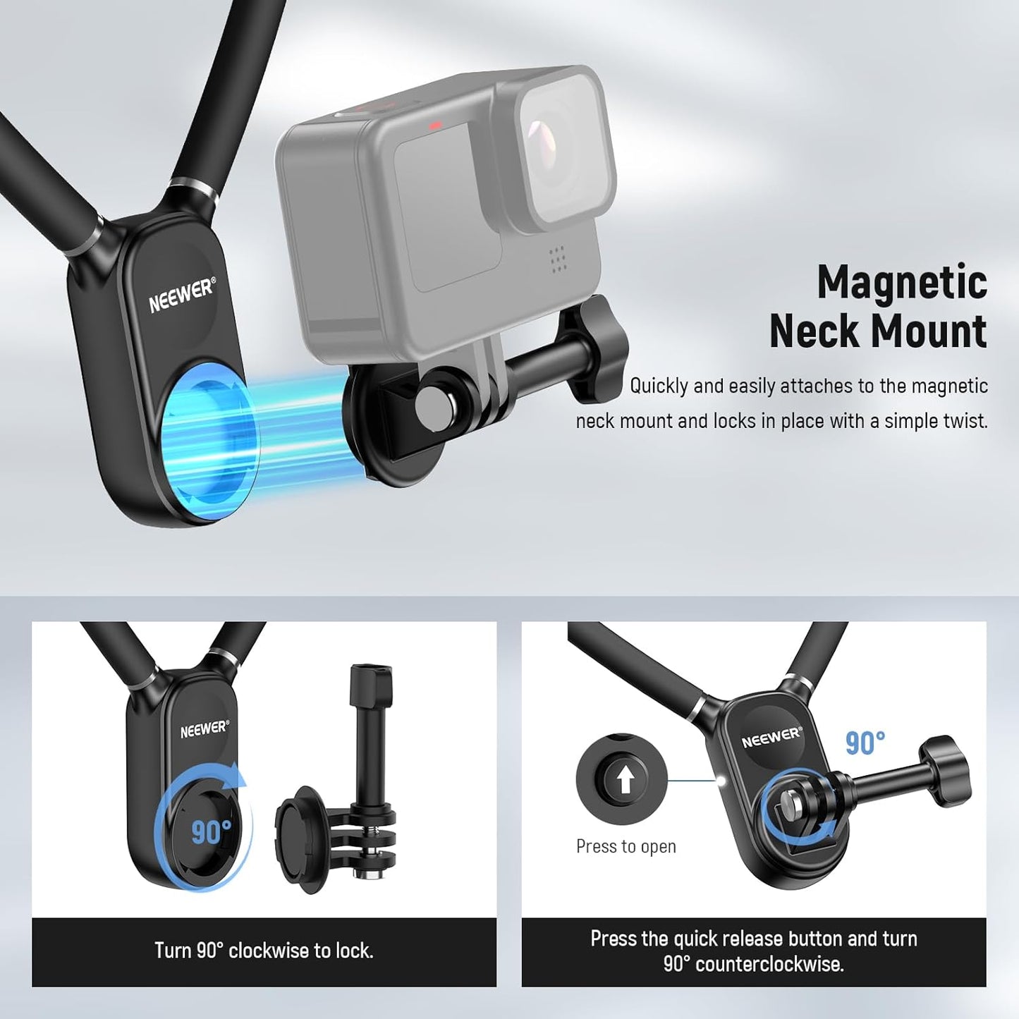 NEEWER Magnetic Neck Mount Holder with Phone Clip Compatible with GoPro Hero 12 11 10 MAX DJI Action 4 Insta360 iPhone Samsung, Quick Release point of view Action Camera Necklace Mounting Vlog, GP15