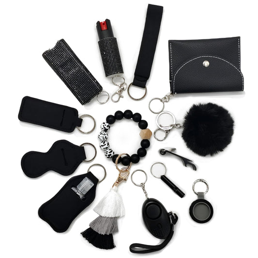 BATUMEYE Gift Set for Woman with Pom Pom Ball,Lip Balm Lanyard,Card Holder, Whistle,Travel Bottle Holder,BottleOpen (black)