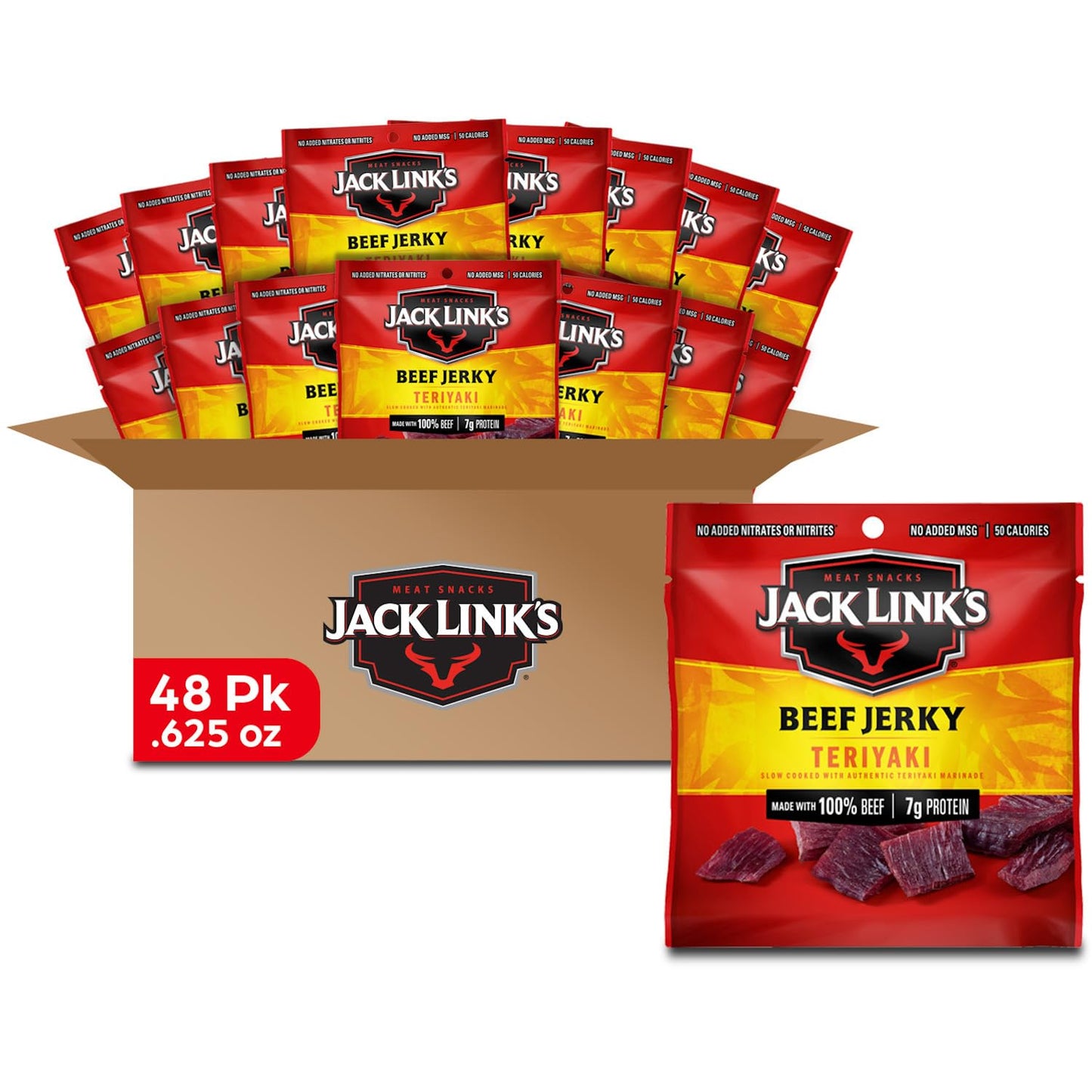 Jack Link's Beef Jerky, Teriyaki - Flavorful Meat Snack for Lunches, Ready to Eat Snacks - 7g of Protein, Made with Premium Beef - 0.625 Oz Bags (Pack of 5)