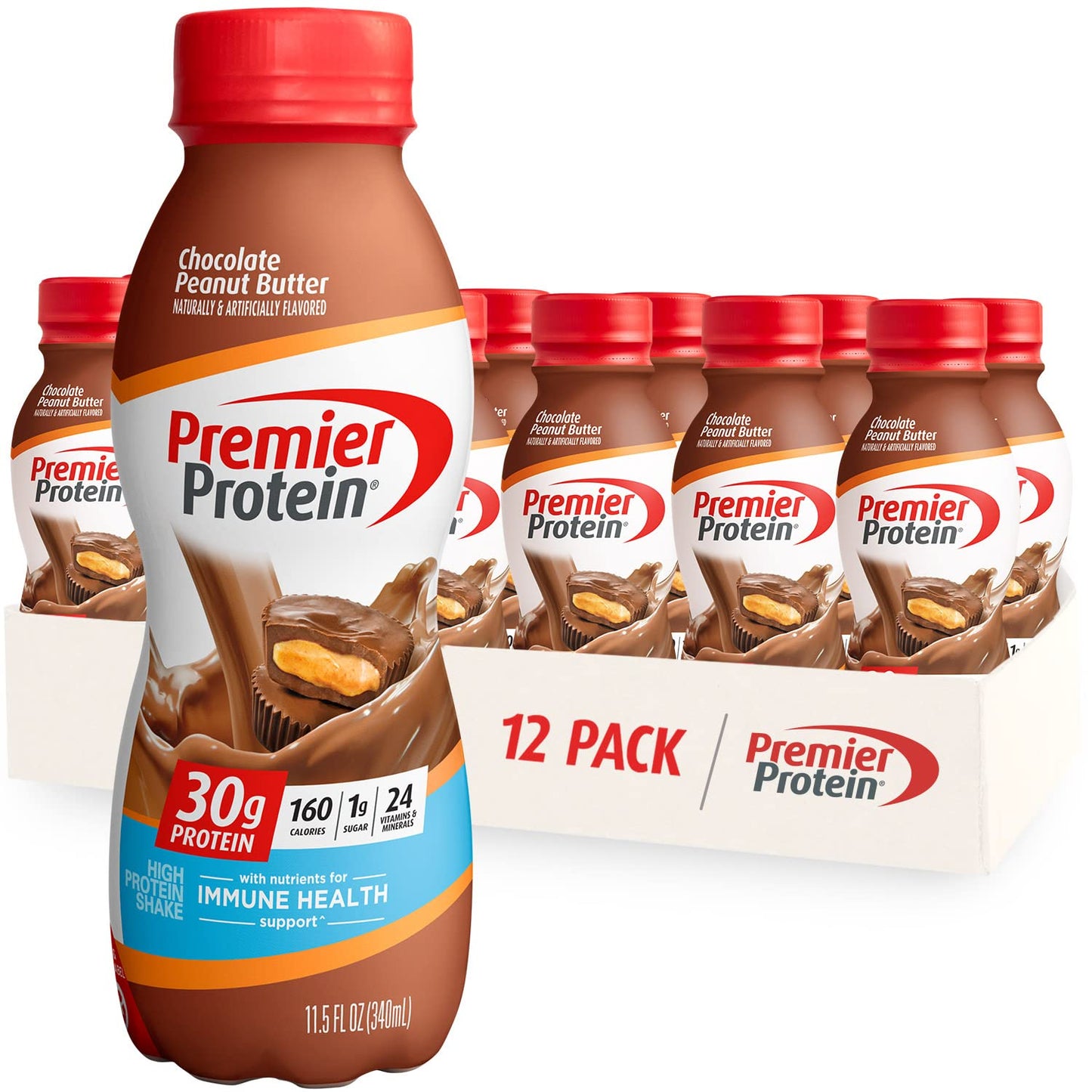 Premier Protein Shake, Chocolate, 30g Protein 1g Sugar 24 Vitamins Minerals Nutrients to Support Immune Health, 11.5 fl oz (Pack of 12)