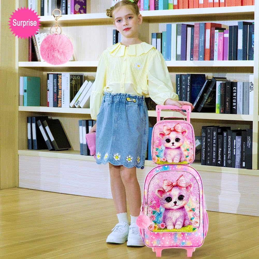 3PCS Rolling Backpack for Girls Boys, Kids Roller Wheeled Bookbag with Lunch Box, Backpacks with Wheels for Elementary