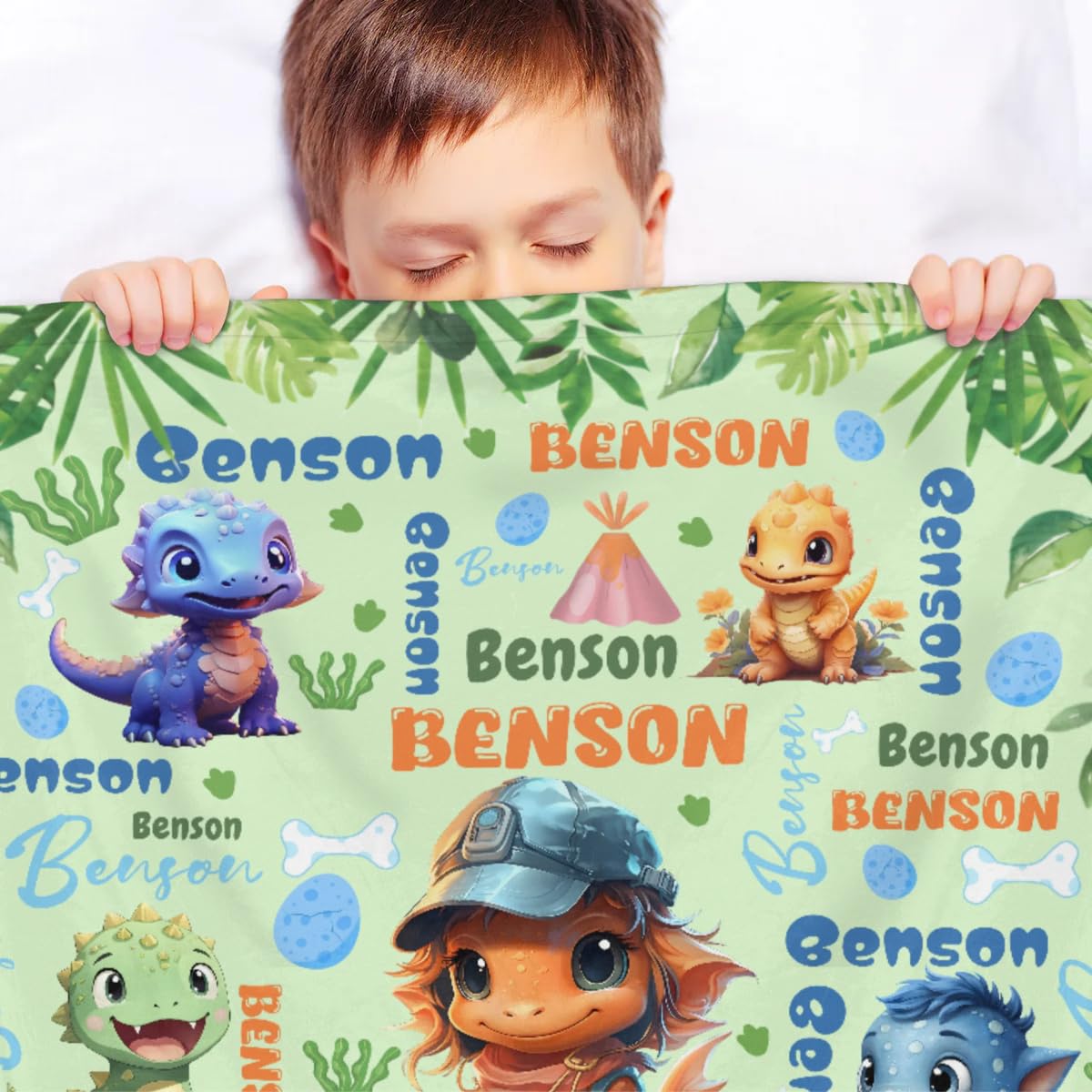 Personalized Baby Blanket for Girls Boys, Custom Kids Blanket with Name, Toddler Blanket for Daycare, Decor for Sofa Living Bedroom Baby Blanket for Birthday 50" x 60",Cute Dinosaur Clouds Text Green