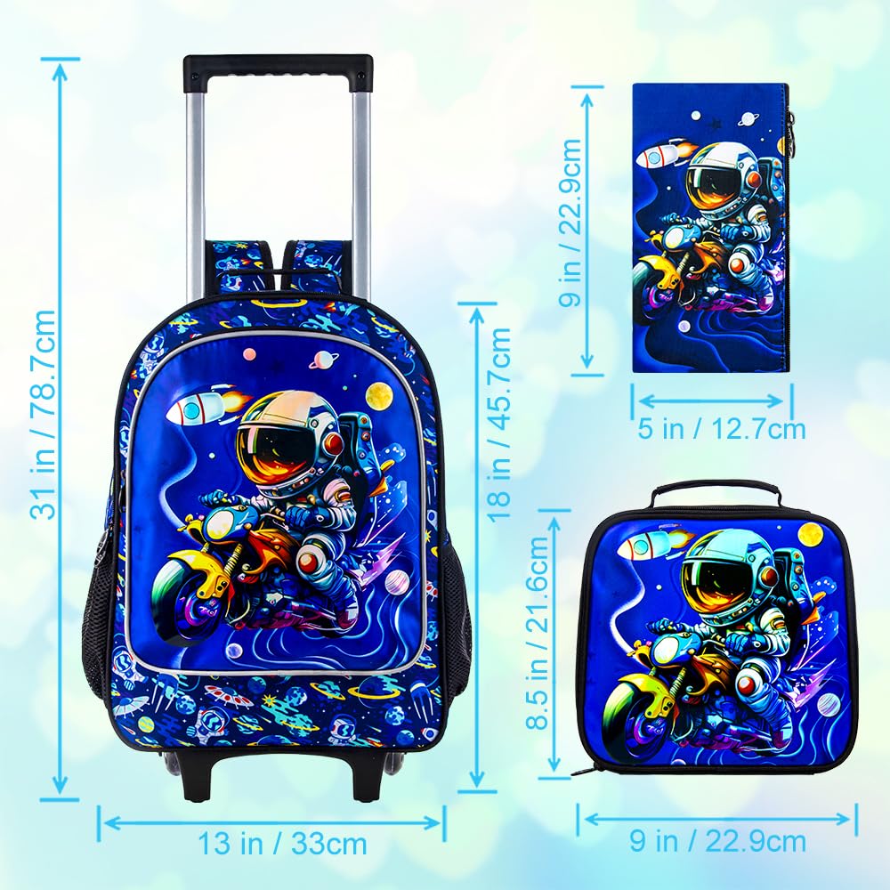 3PCS Rolling Backpack for Girls Boys, Kids Roller Wheeled Bookbag with Lunch Box, Backpacks with Wheels for Elementary