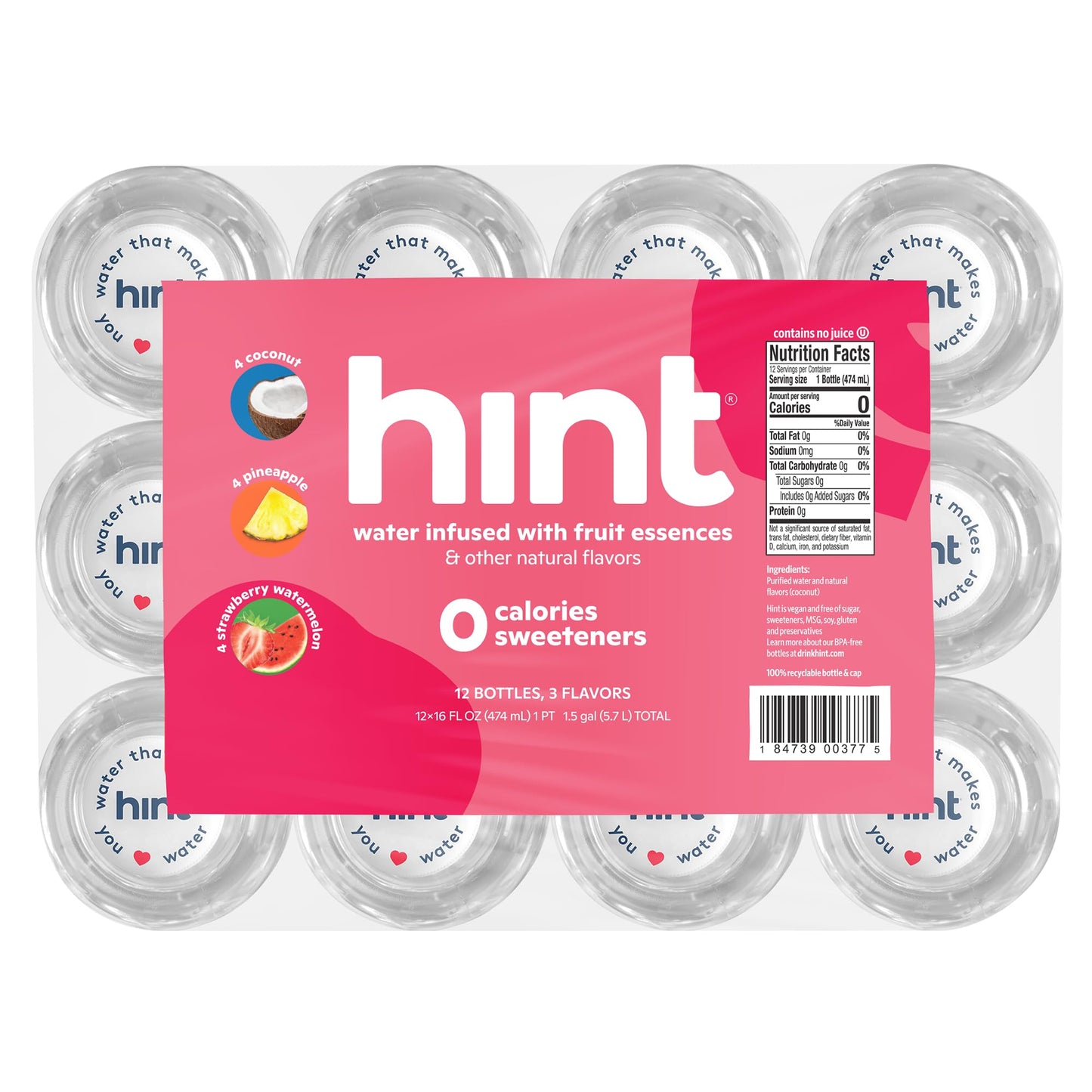 Hint Water Red Variety Pack, 3 Bottles Each of: Peach, Raspberry, Watermelon, and Strawberry Lemon, Zero Calories, Zero Sugar and Zero Sweeteners, 16 Fl Oz (Pack of 12)