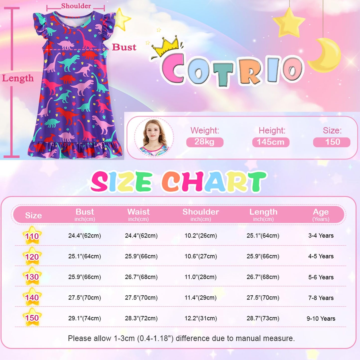 COTRIO Nightgowns for Girls Toddler Princess Night Dress Pajamas Nightshirts Sleepwear Night Gowns 2 Pack Sleep Clothes