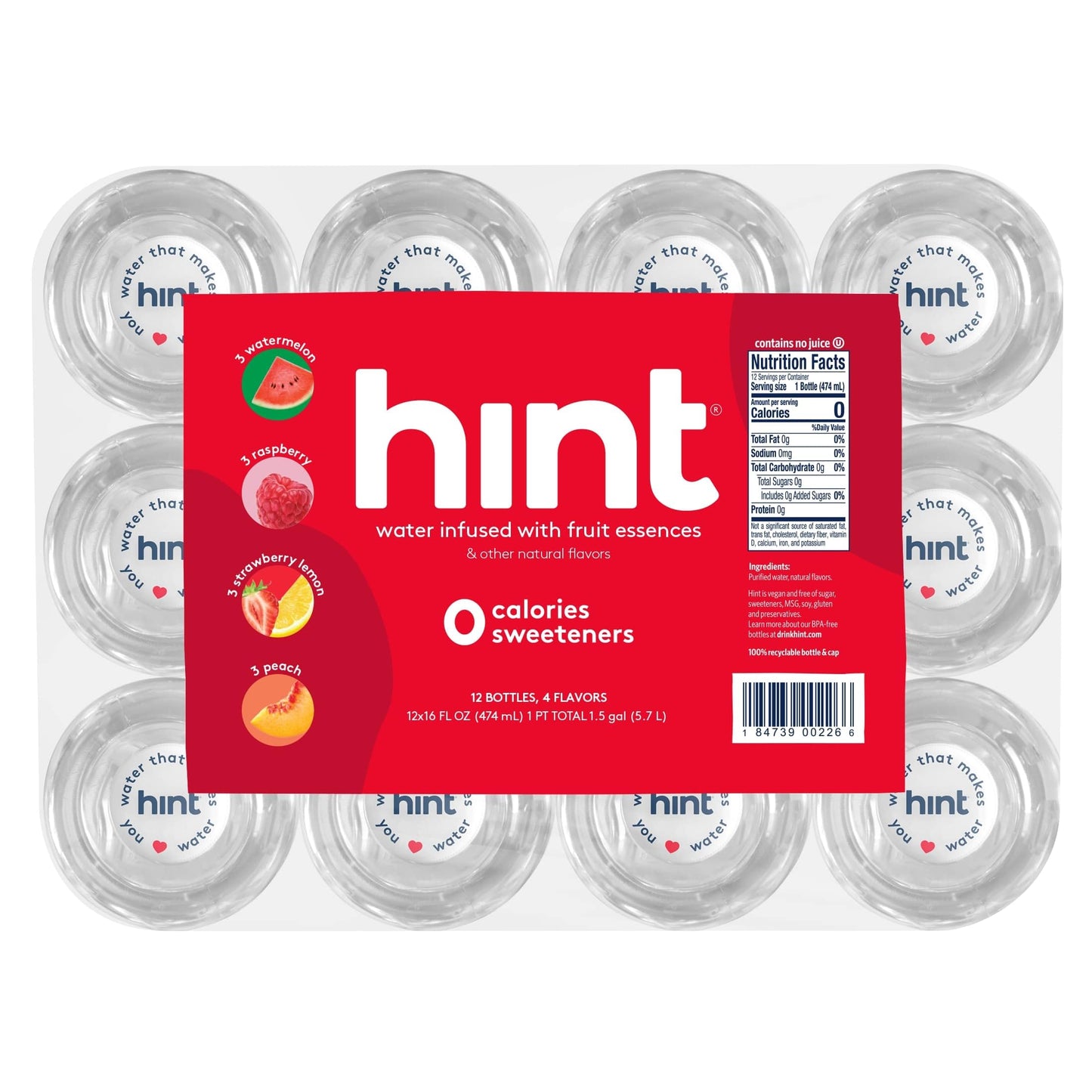 Hint Water Red Variety Pack, 3 Bottles Each of: Peach, Raspberry, Watermelon, and Strawberry Lemon, Zero Calories, Zero Sugar and Zero Sweeteners, 16 Fl Oz (Pack of 12)