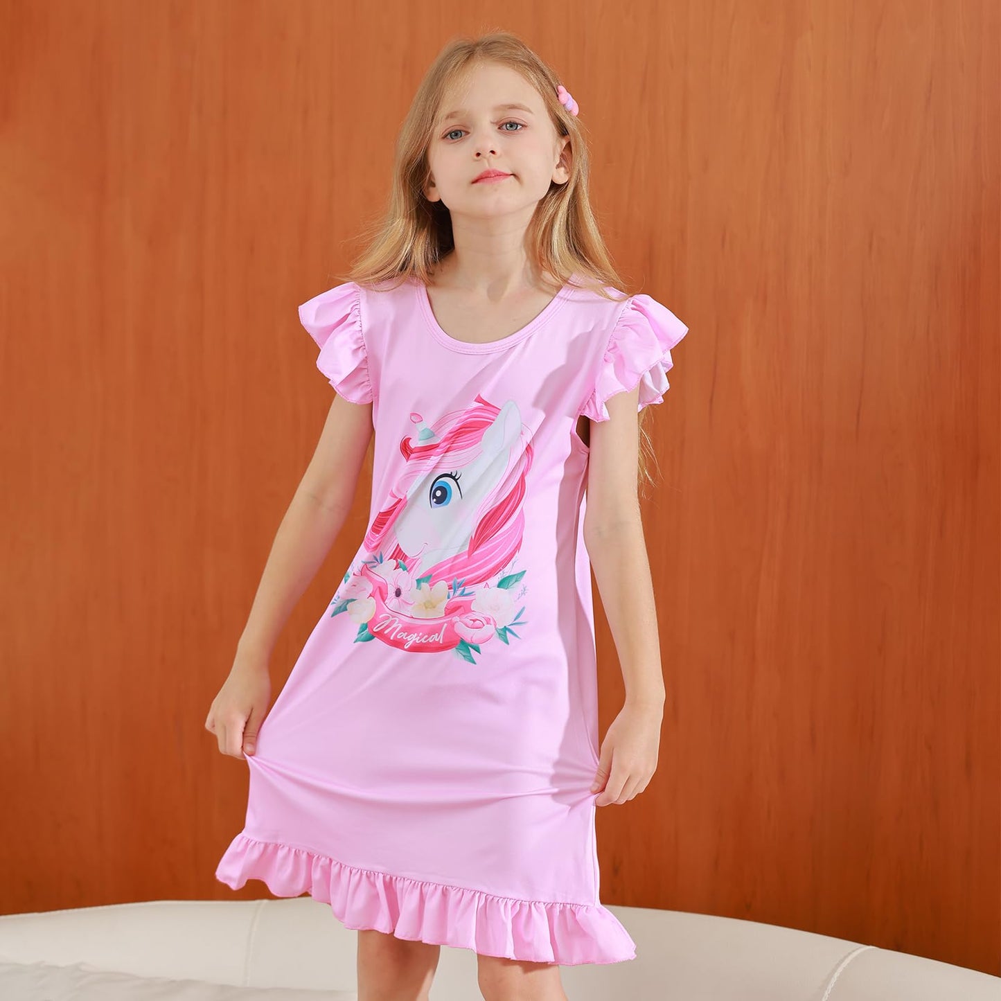 LQSZ 2Pcs Girls Nightgowns 3-10 Years Flutter Short Sleeves Nightdress Nightie Dress Sleepwear Pajamas for Little Girls