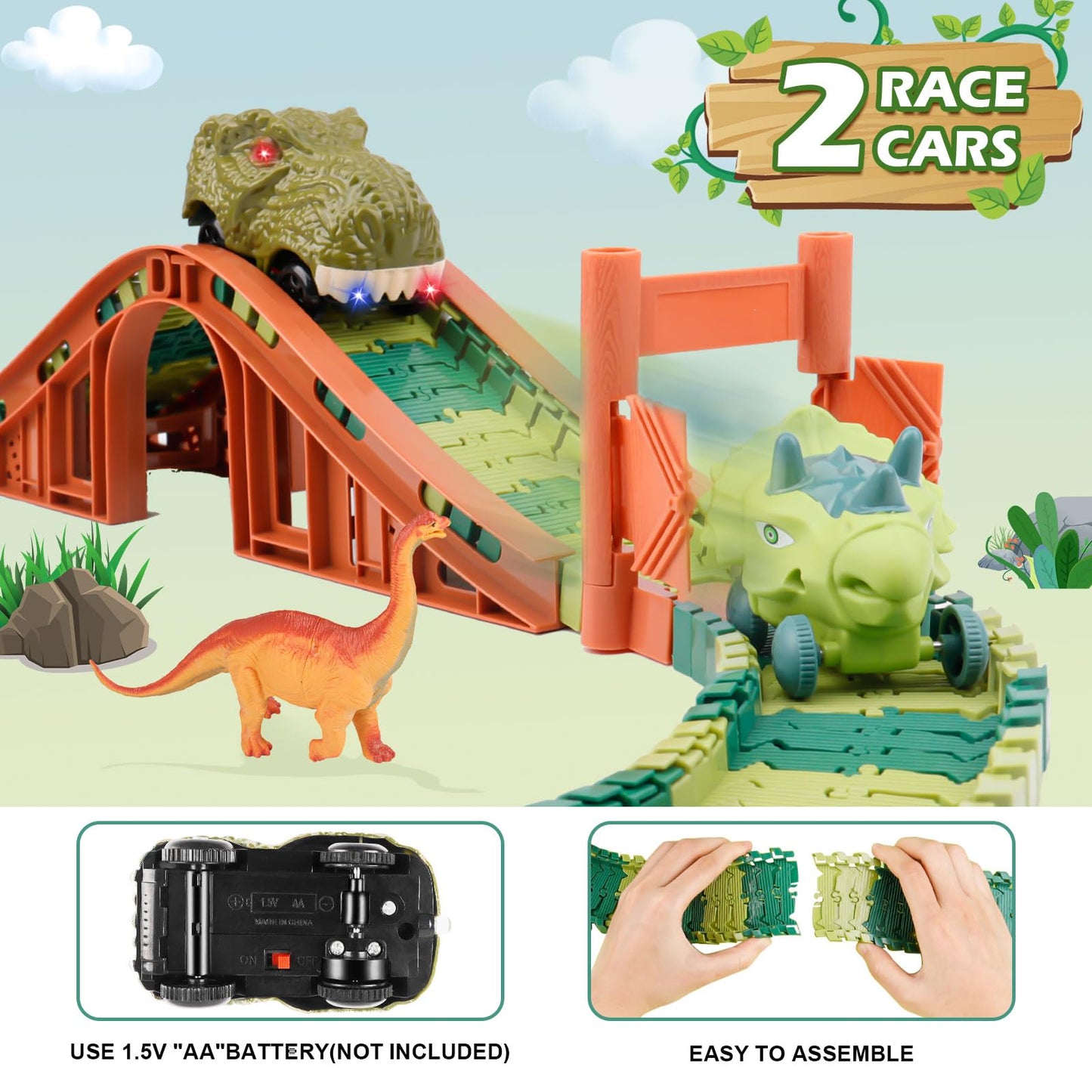 GIAT Dinosaur Track Toys - Best Birthday Gifts for 3 4 5 6 7 Year Old Boys Girls, Dinosaur Race Car Track with Light & Sound, Create A Dinosaur World Road Race