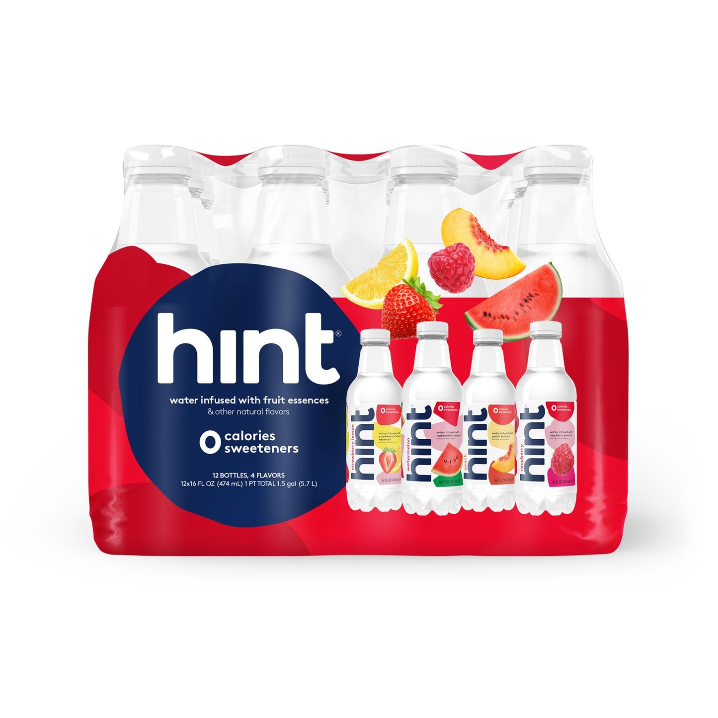 Hint Water Red Variety Pack, 3 Bottles Each of: Peach, Raspberry, Watermelon, and Strawberry Lemon, Zero Calories, Zero Sugar and Zero Sweeteners, 16 Fl Oz (Pack of 12)