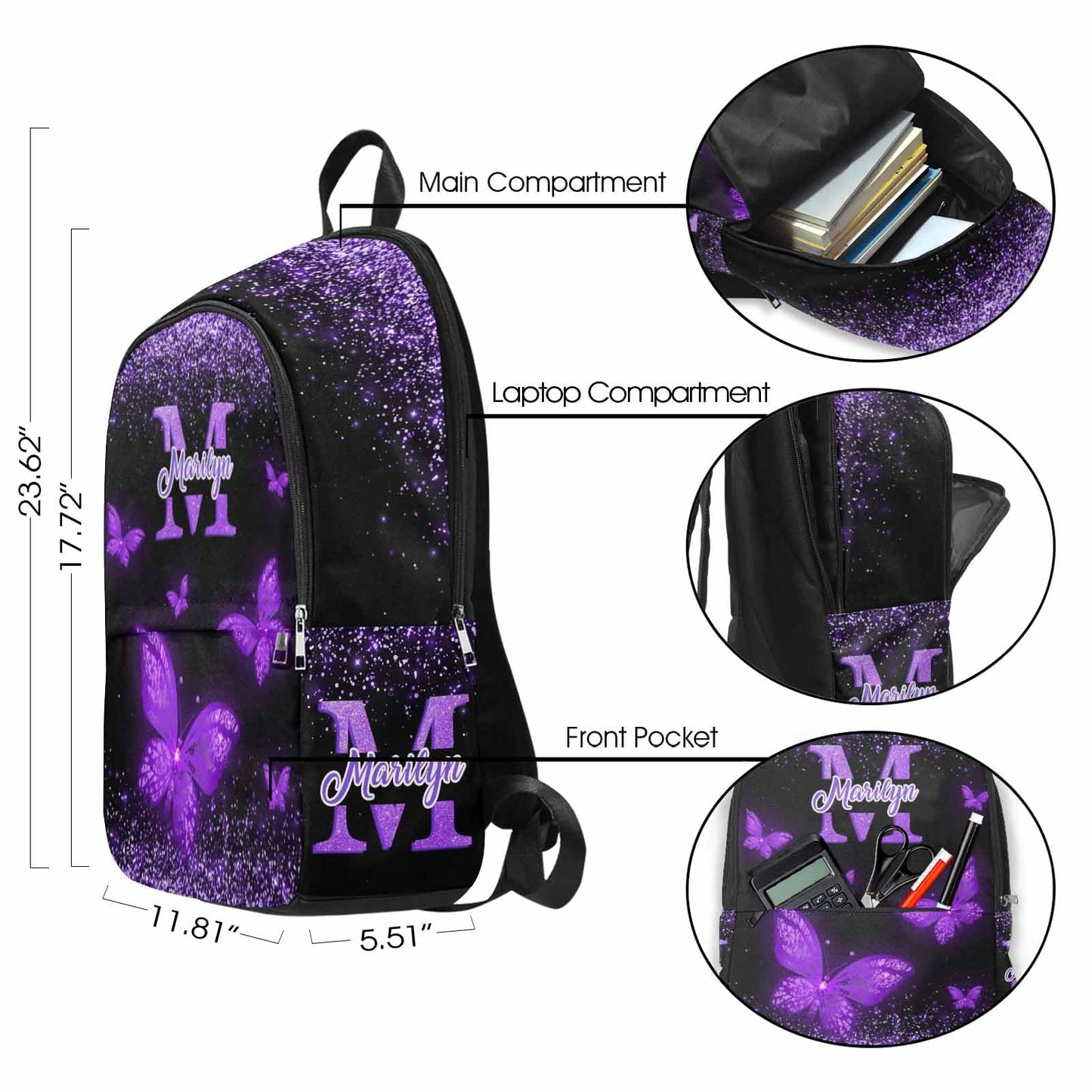 M YESCUSTOM Custom School Butterfly Backpack for Girls, Personalized Name Girls Bookbag Elementary Middle School Bags Travel Laptop Back Pack Casual Daypacks