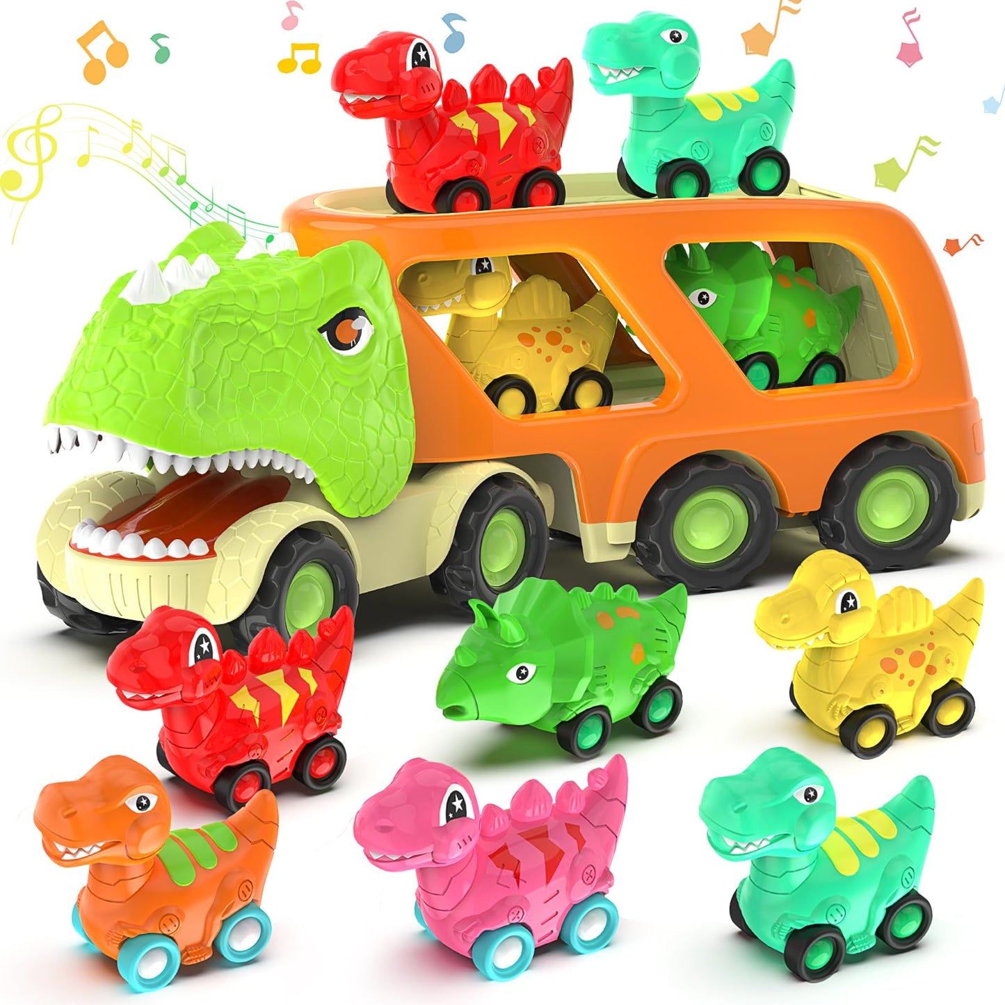 Veslier Dinosaur Car Toy for 2 3 4 5 Years Old Boys, Friction Power Carrier Truck with 4 Pack Small Pull Back Dino Car, Christmas Birthday Gift for 18+ Months Boy Girl Kids Toddlers