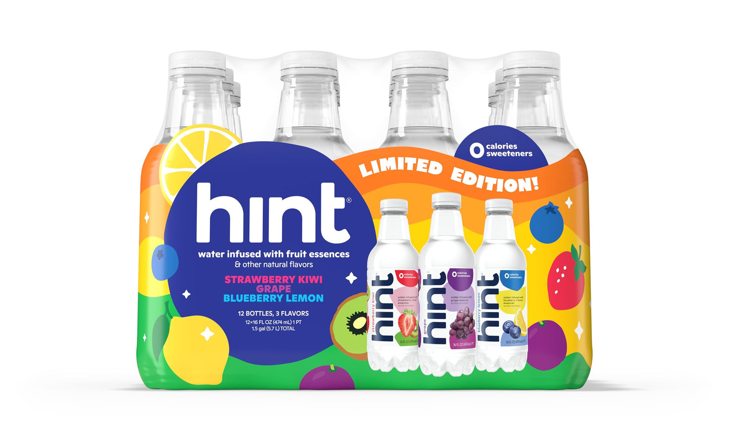 Hint Water Red Variety Pack, 3 Bottles Each of: Peach, Raspberry, Watermelon, and Strawberry Lemon, Zero Calories, Zero Sugar and Zero Sweeteners, 16 Fl Oz (Pack of 12)