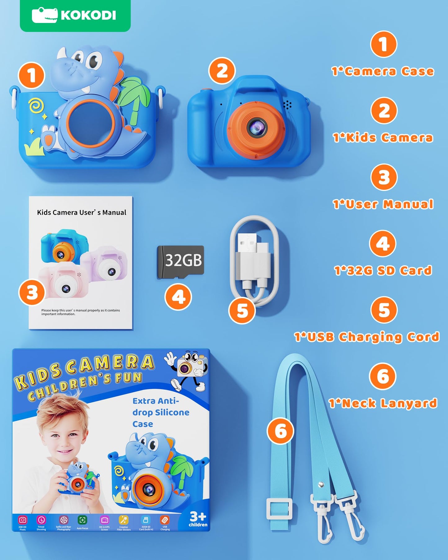 KOKODI Kids Camera Toy Digital Camera for Kids, Dinosaurs Birthday Gifts for Boys Age 3-12, 1080P HD Video Camera for Toddler, Children Toys for 3 4 5 6 7 8 9 Year Old Boys with 32GB SD Card