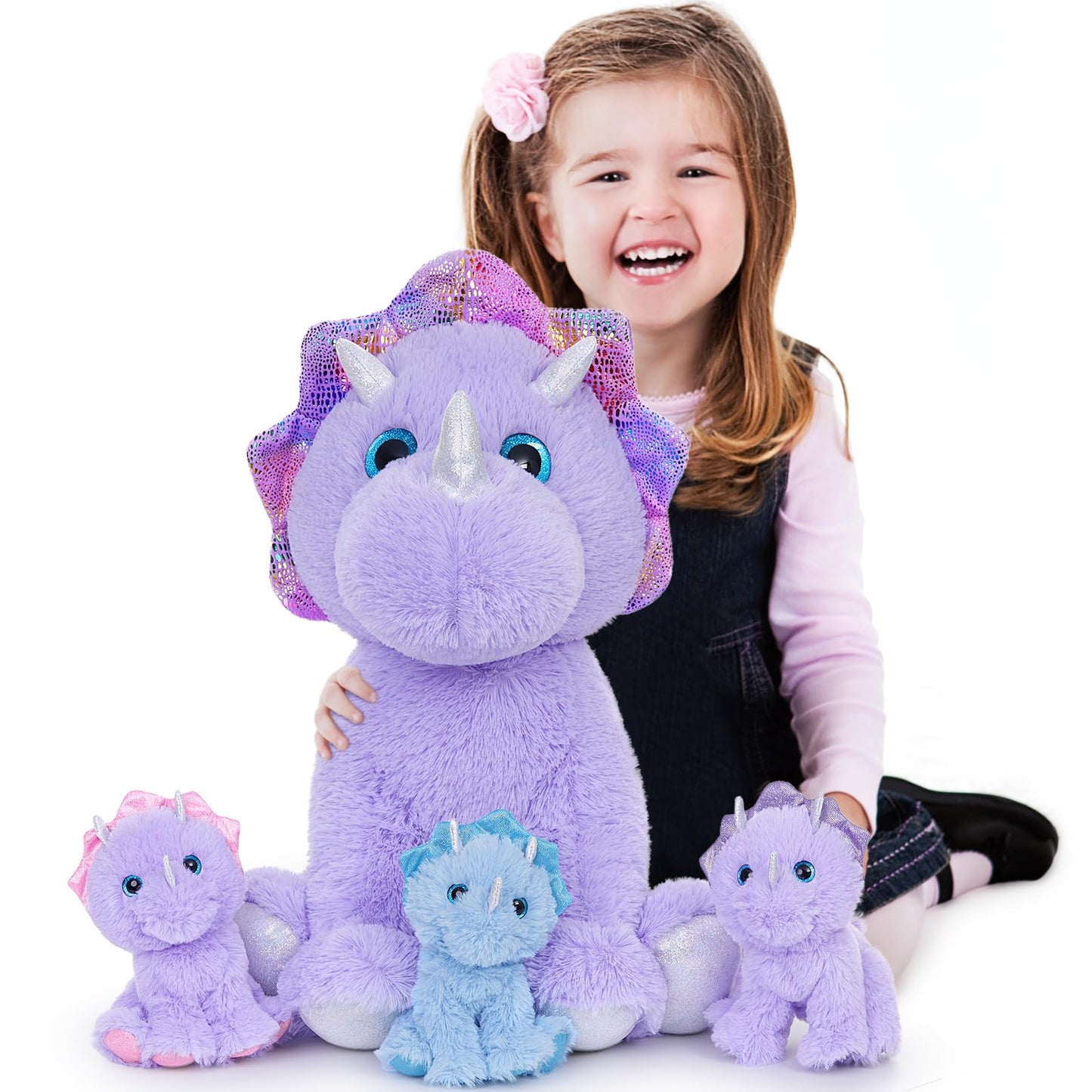 MaoGoLan 4 Pcs Dinosaur Stuffed Animals for Girls,Purple Stuffed Dinosaurs Plush Toys Set for Toddlers, Mummy Dinosaur with 3 Baby Triceratops Plushies, for Kids