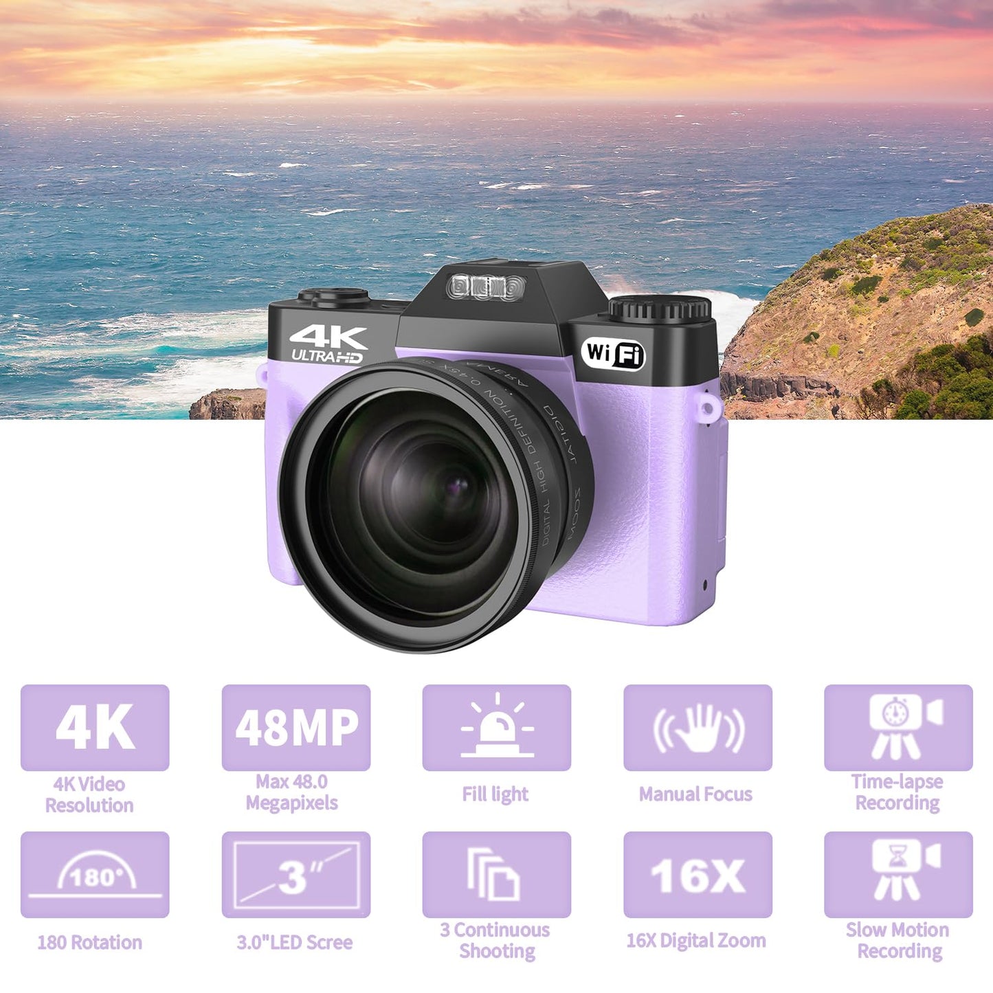 VETEK Digital Cameras for Photography, 4K 48MP Vlogging Camera 16X Digital Zoom Manual Focus Students Compact Camera with 52mm Wide-Angle Lens & Macro Lens, 32G Micro Card and 2 Batteries (Pink)