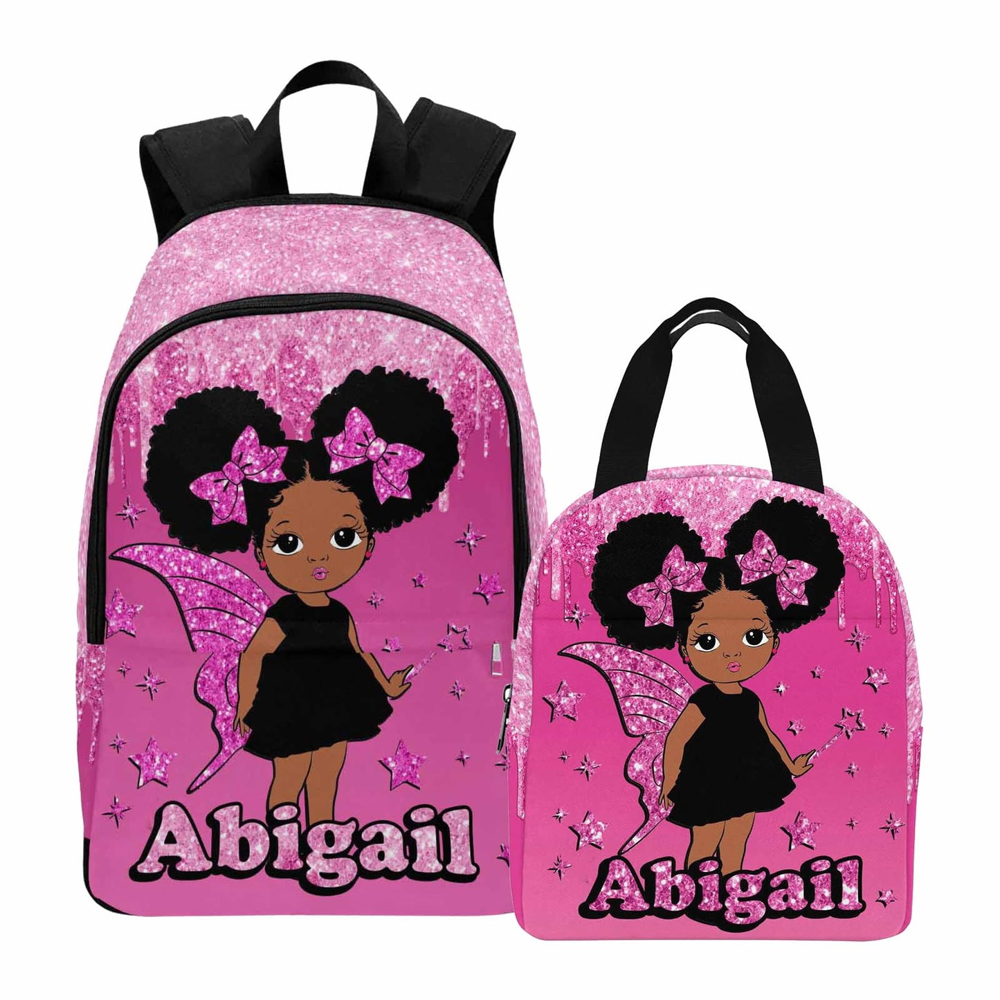 Personalized Backpack Set from Mom Dad, Custom Dark Pink Stars Bookbag and Lunch Box Customized Name Schoolbag Fashion Shoulder Bag Travel Bag for Family