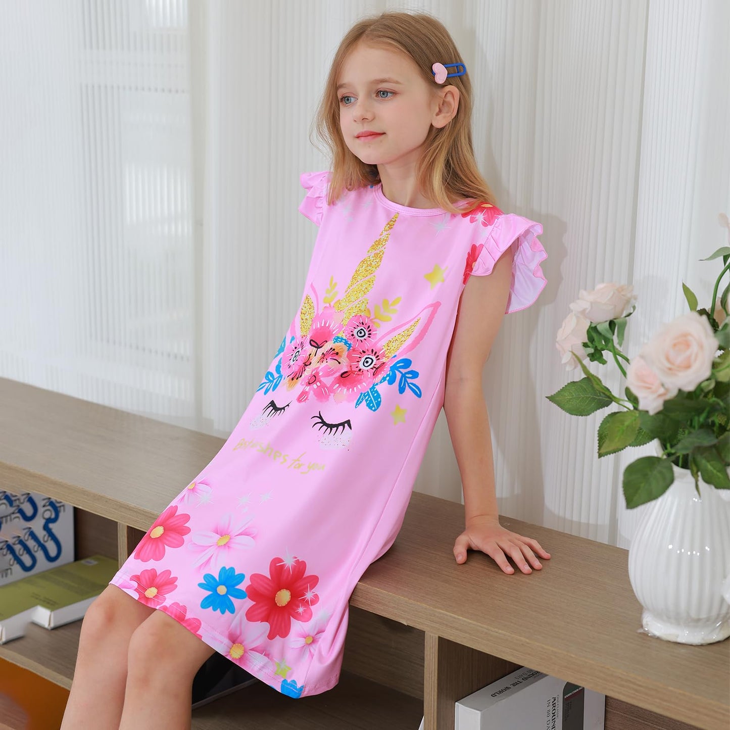 LQSZ 2Pcs Girls Nightgowns 3-10 Years Flutter Short Sleeves Nightdress Nightie Dress Sleepwear Pajamas for Little Girls