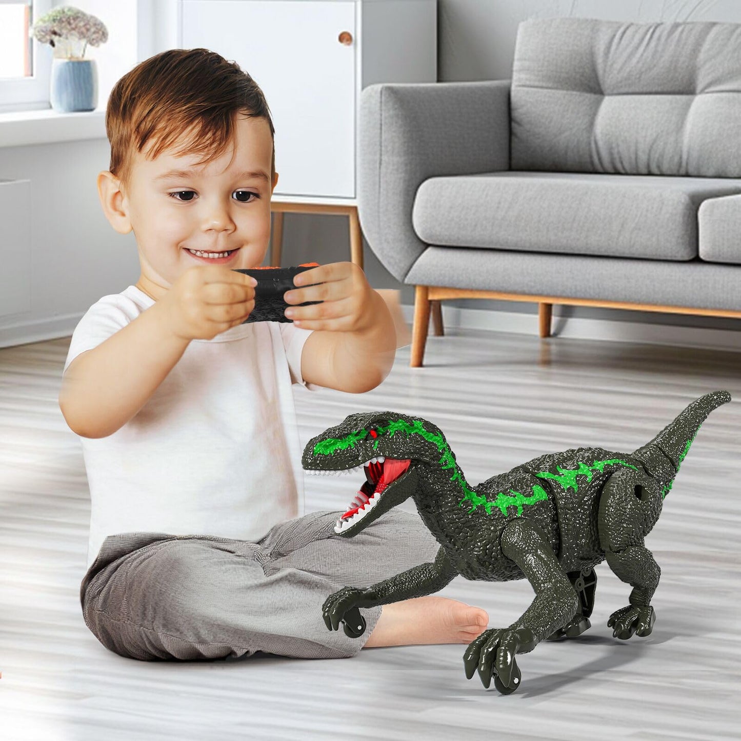 Remote Control Velociraptor Toy for Kids 4-7 Years, Electric Stunt Realistic Walking Jurassic Velociraptor with Lights and Sounds, Rechargeable Dinosaur Robot Birthday Gift for Boys 3+