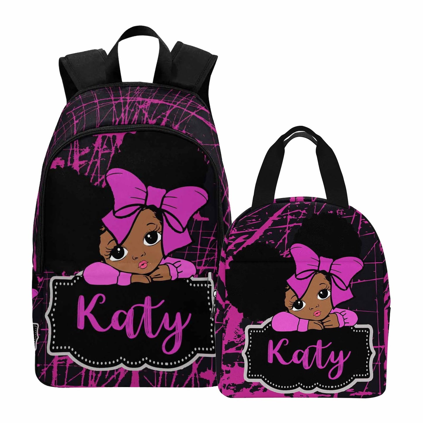 Personalized Backpack Set from Mom Dad, Custom Dark Pink Stars Bookbag and Lunch Box Customized Name Schoolbag Fashion Shoulder Bag Travel Bag for Family