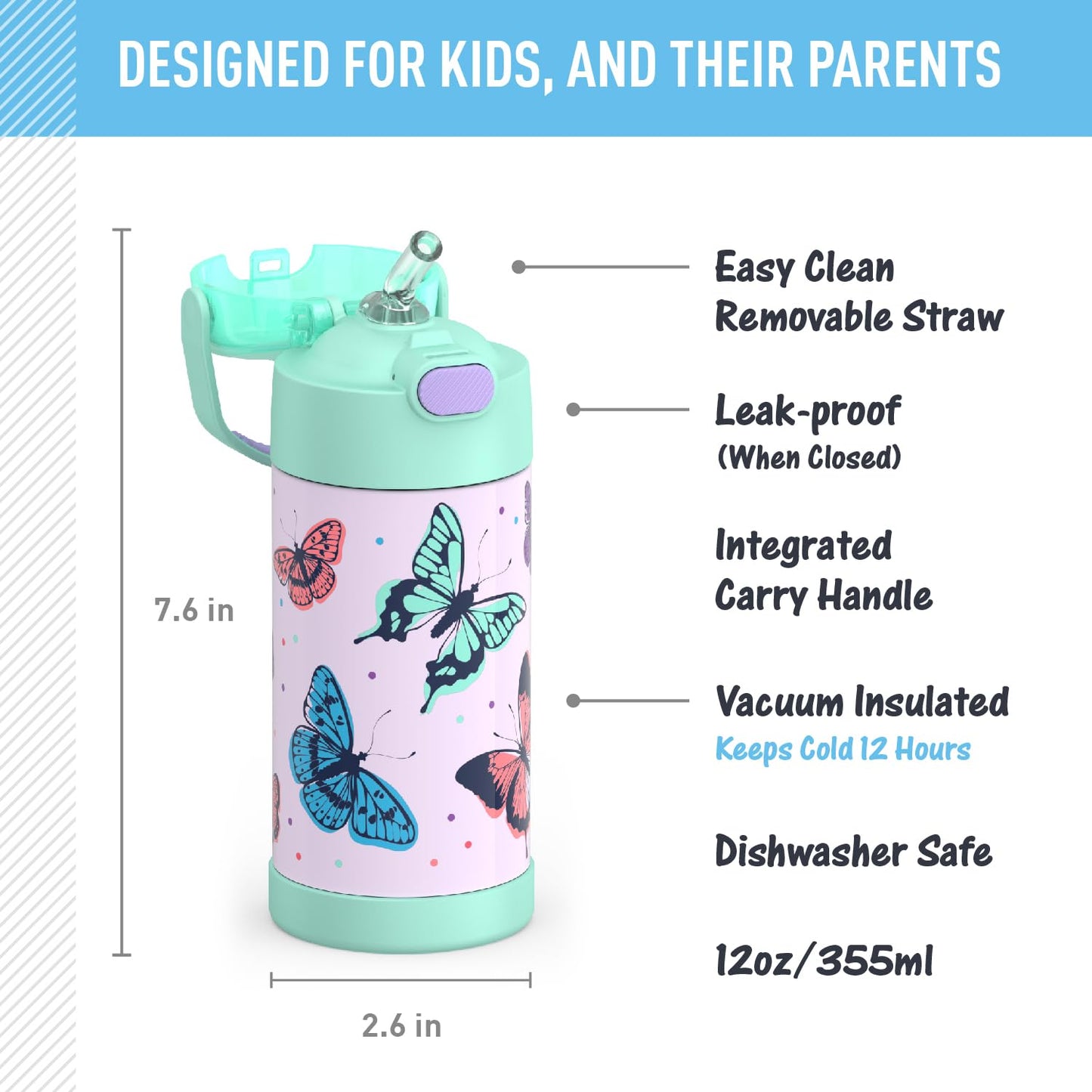 THERMOS FUNTAINER Water Bottle with Straw - 12 Ounce, Pokémon - Kids Stainless Steel Vacuum Insulated Water Bottle with Lid