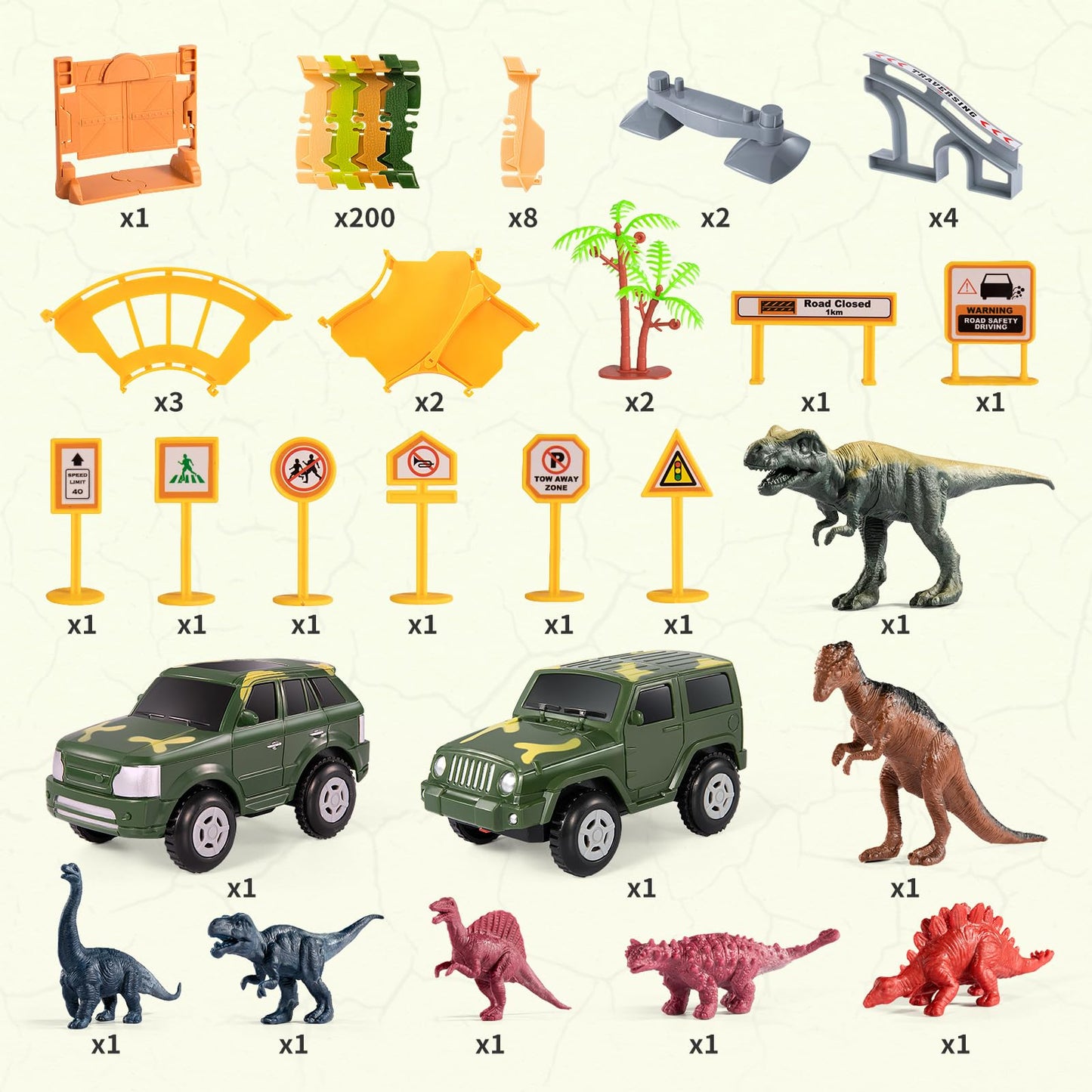 TEMI 348PCS Dinosaur Train Toys for Kids 3 4 5 6 7 Years, Longer Track, 6 Realistic Jurassic Dino Figures, 2 Electric Toy Cars, Twisted Flexible Train Track Set for Toddlers, Boys & Girls