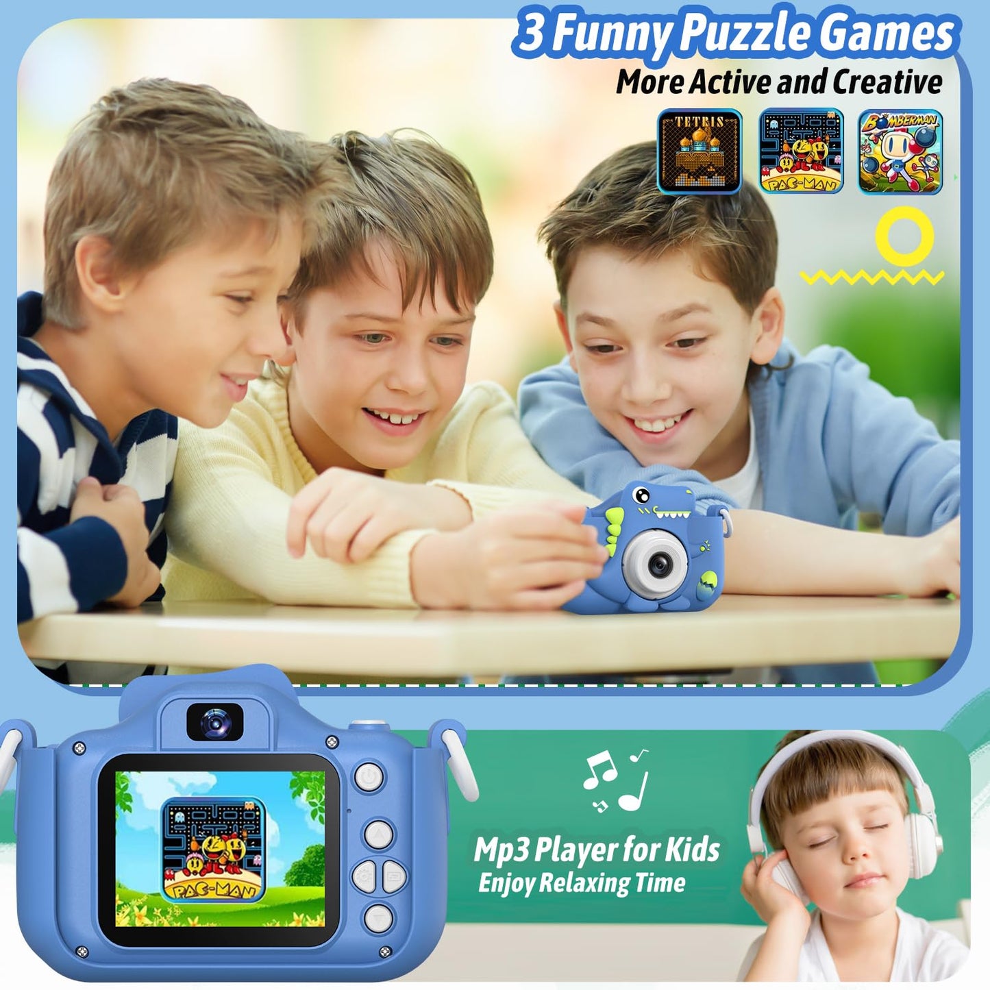 Selfie Kids Camera, Christmas Birthday Gifts for Boys Girls Age 3-12, HD Kids Digital Video Cameras for Toddler with Cartoon Soft Silicone Cover, Portable Toy for 3 4 5 6 7 8 Years Old