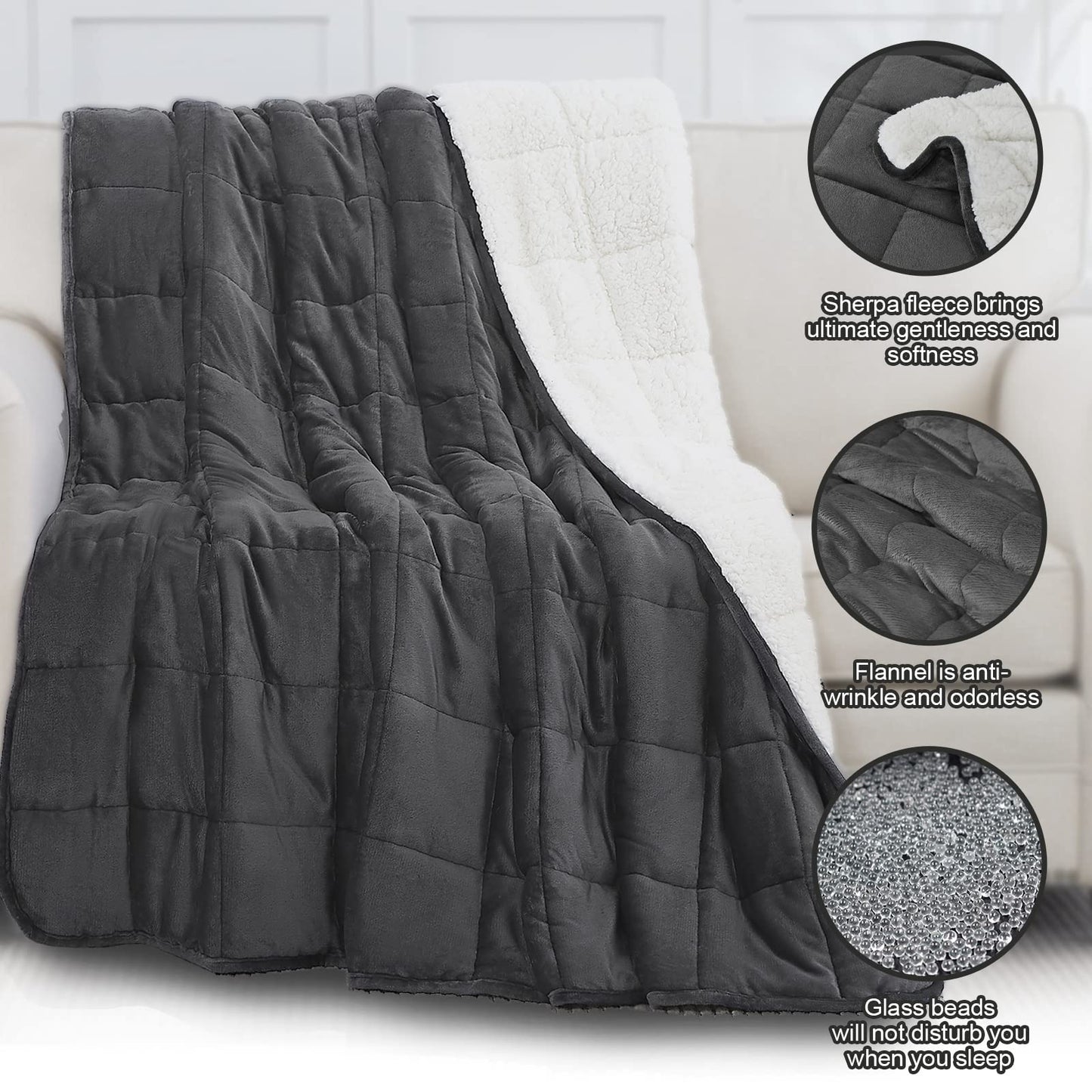 CYMULA Sherpa Weighted Blanket Queen Size - 60"x80" 15lbs Soft Plush Flannel Fleece Heavy Blankets for Adults - Cozy Warm Snuggly Fuzzy Throw Blanket for Bed Couch Sofa - Gifts for Men Women Christmas