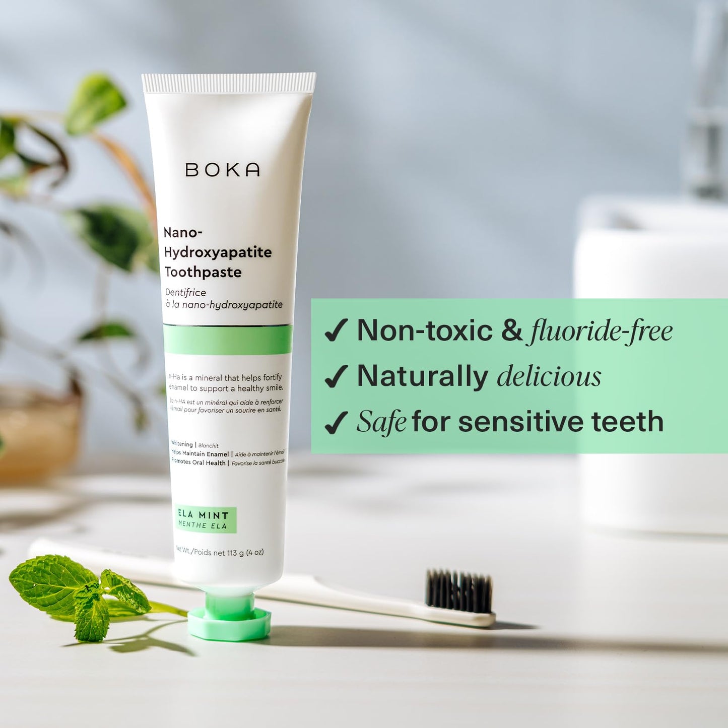 Boka Fluoride Free Toothpaste - Nano Hydroxyapatite, Remineralizing, Sensitive Teeth, Whitening - Dentist Recommended for Adult & Kids Oral Care - Ela Mint Flavor, 4 Fl Oz 1 Pk - US Manufactured