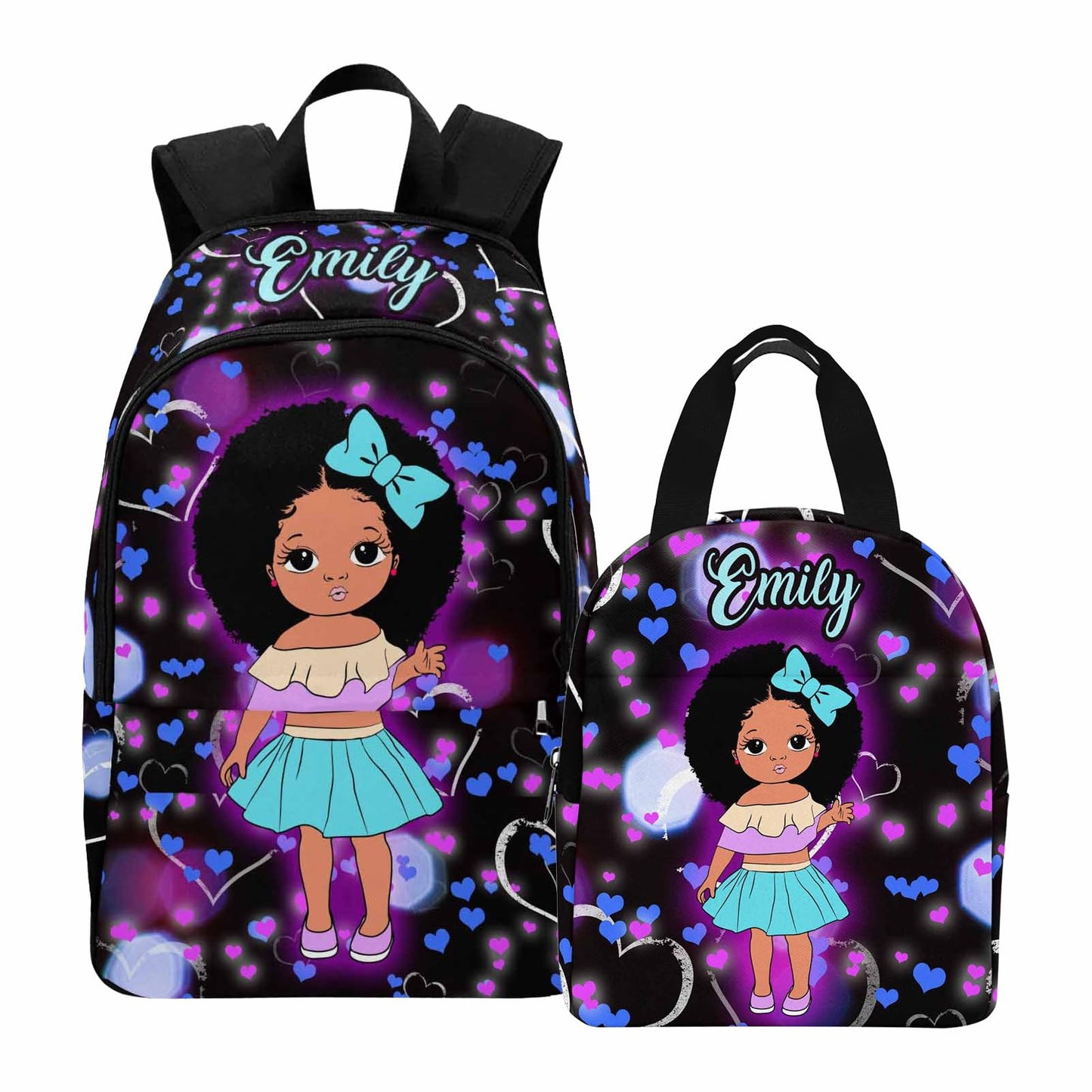 Personalized Backpack Set from Mom Dad, Custom Dark Pink Stars Bookbag and Lunch Box Customized Name Schoolbag Fashion Shoulder Bag Travel Bag for Family