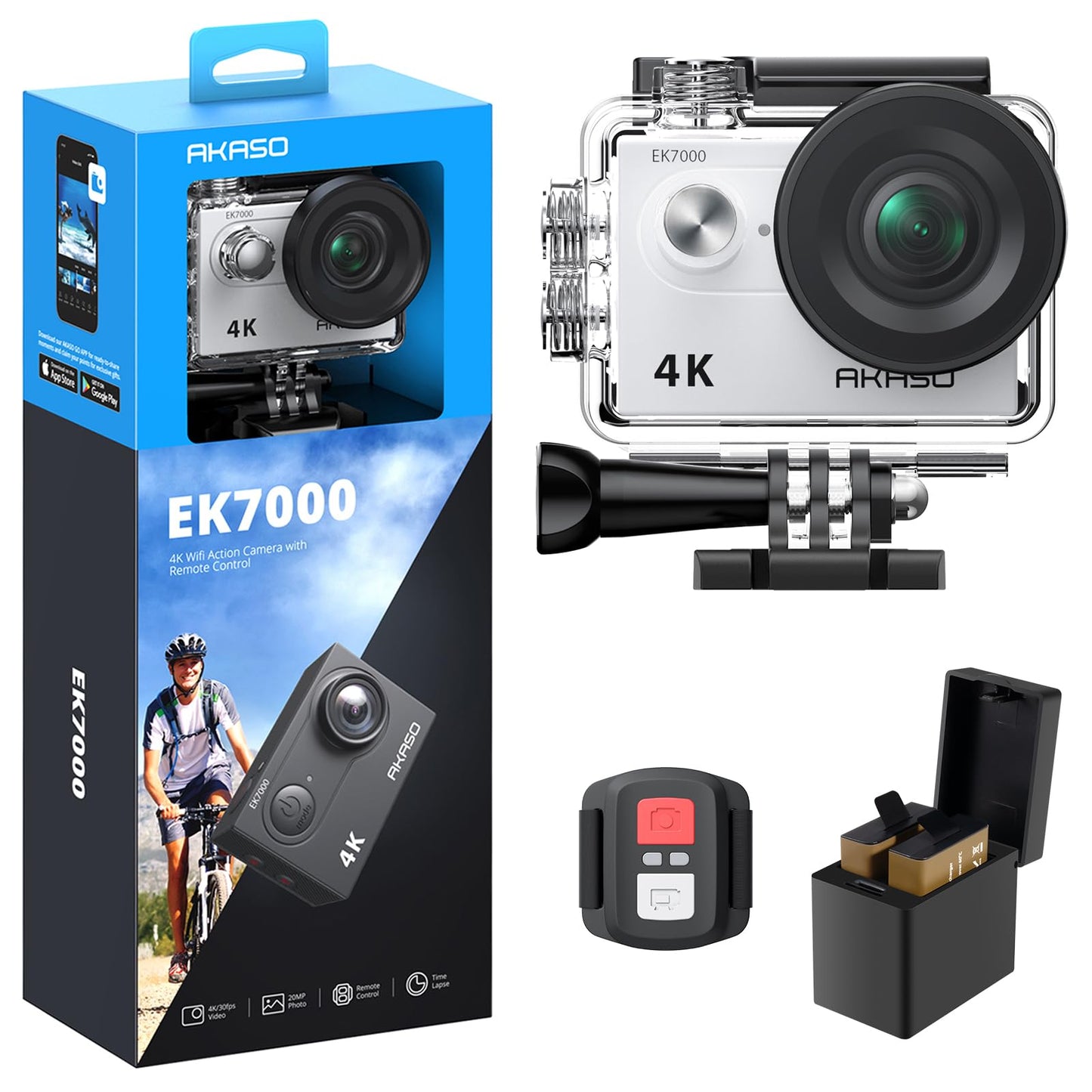 AKASO EK7000 4K30FPS 20MP WiFi Action Camera with EIS Ultra HD Underwater Camera 131FT Waterproof Camera Remote Control 4X Zoom in Photo Mode Support External Microphone Black