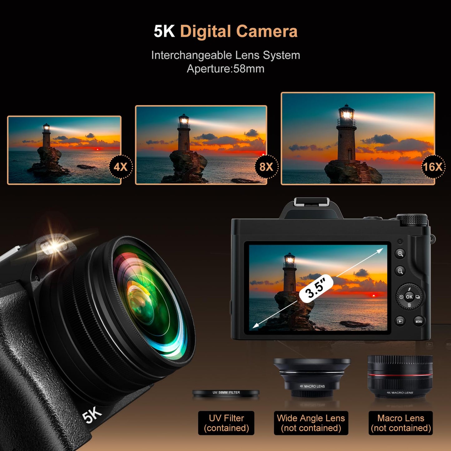 5K Digital Camera for Photography, WiFi Auto Focus Vlogging Video Camera for YouTube with 32GB SD Card, 6-axis Anti-Shake 3.5" Screen Fill Light 5K Camera with 58mm UV Filter, 16X Digital Zoom Camera