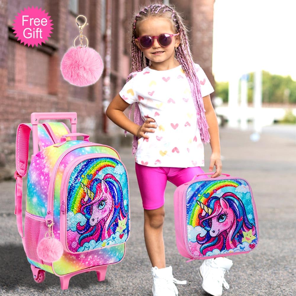 3PCS Rolling Backpack for Girls Boys, Kids Roller Wheeled Bookbag with Lunch Box, Backpacks with Wheels for Elementary