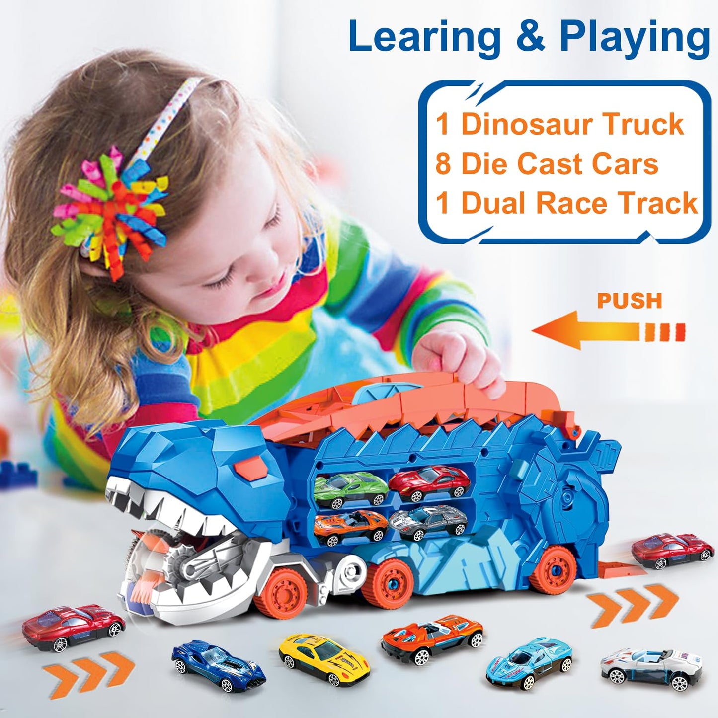 Dinosaur Toys for Kids 3-5, T-Rex Dinosaur Transport Car Carrier Truck with Foldable Sliding, City Dinosaur Ultimate Hauler Track Toy Transforms into Dino, Toys Gifts for 3 4 5 6 Years Old Boys Girls